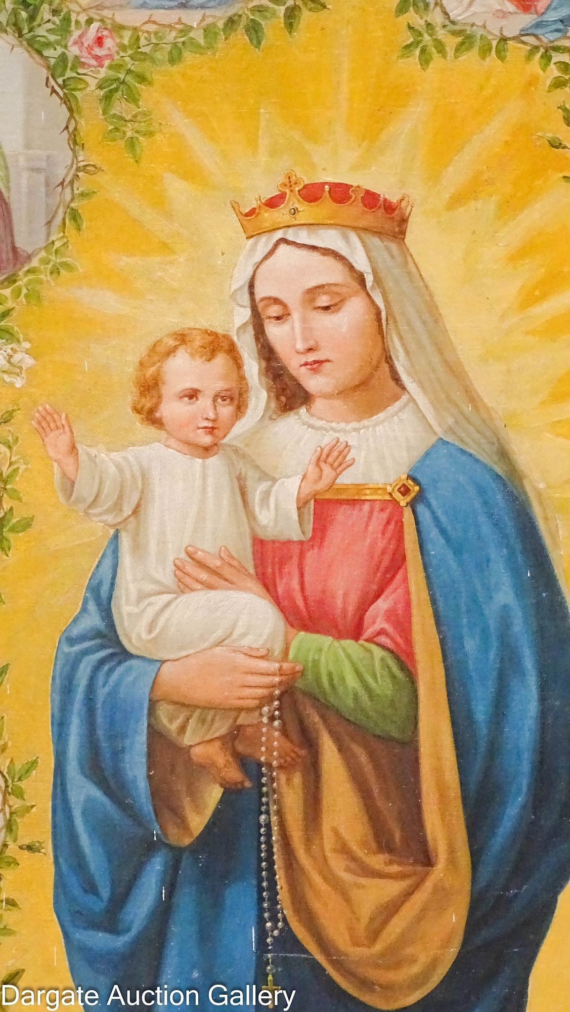 MADONNA OF THE ROTARY OIL PAINTING: Oil on canvas adhered to gilt painted plywood board; the painting depicts Madonna with child surrounded by the 15 mysteries of the Rosary presented to St Dominic - 5 joyful, 5 sorrowful and 5 glorious
