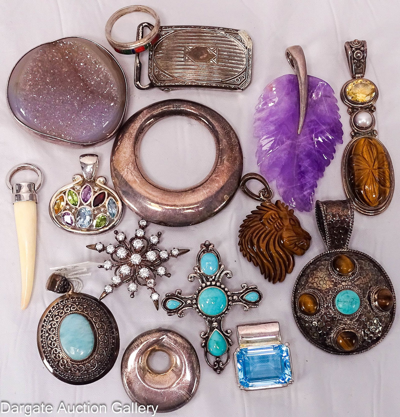 15pcs ASSORTED STERLING SILVER JEWELRY: Including: (11) pendants (2) round sterling [ATI MEXICO 925] tooth with sterling bail [925] tigers eye, pearl & citrine [925] tigers eye lion head with sterling bail [925] cross with turq