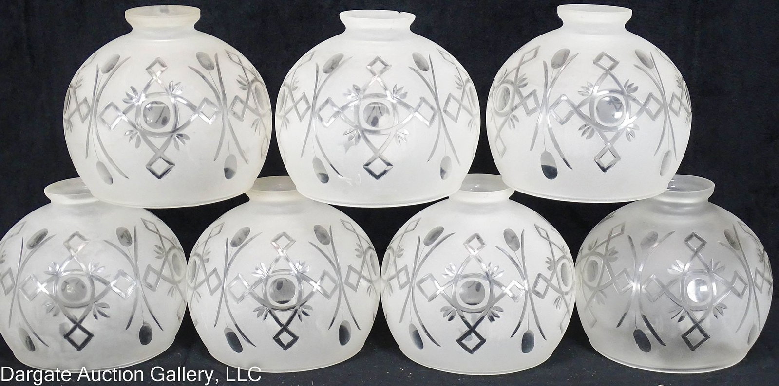 (7) FOUR-POINTS DESIGN BALL GAS SHADE V H&L COMPANY: 7 four-points design frosted ball gas shades; Authentic 8% lead crystal, free hand cut Neo-Rocco shades; this design is a genuine recreation of an antique pattern and can be found in the Dover Reprint