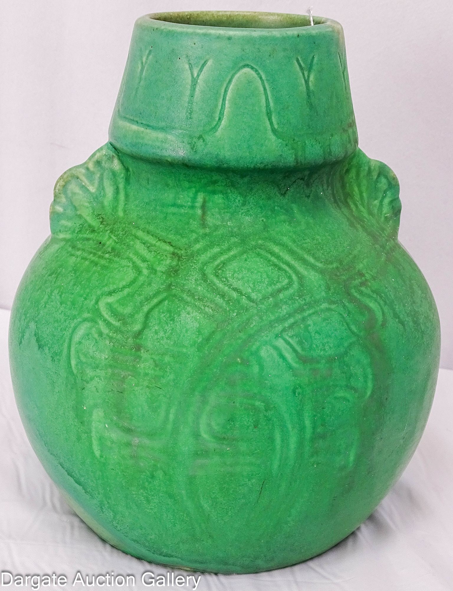 OWENS GREEN MATTE POTTERY VASE IN RARE CELTIC DESIGN (1 of 5)