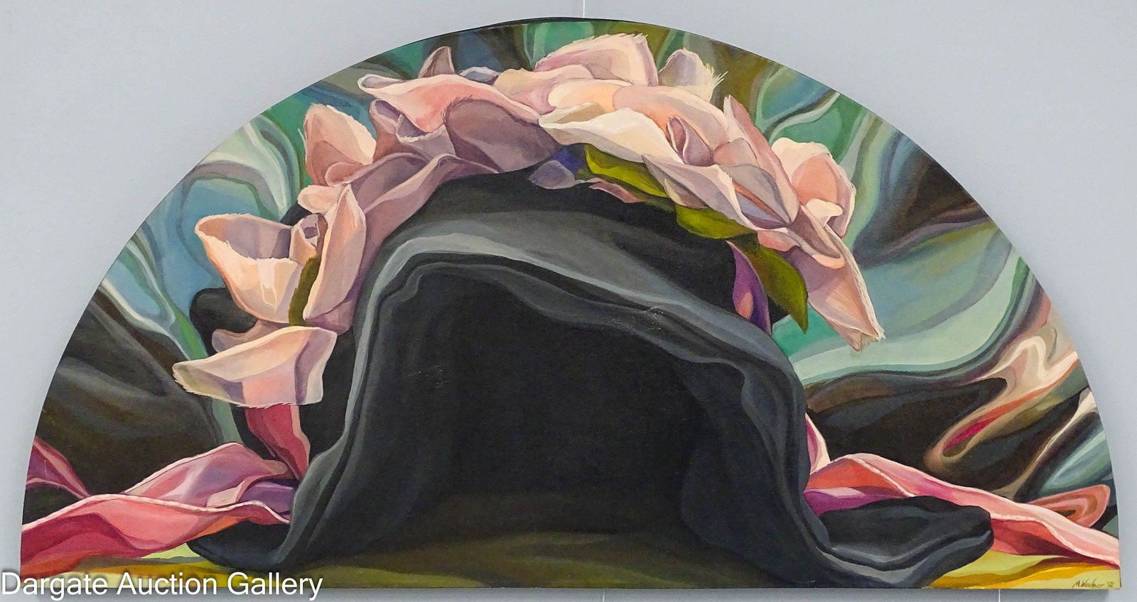 MARY E WILDER 1982 OIL ON CANVAS "BLACK BONNET": Mary E Wilder (American/Pittsburgh, 20th Century) Oil on canvas 1982 "Black Bonnet"; Weidner was a professor at Carnegie Mellon University; signed lower right with info en verso; not frame, 
