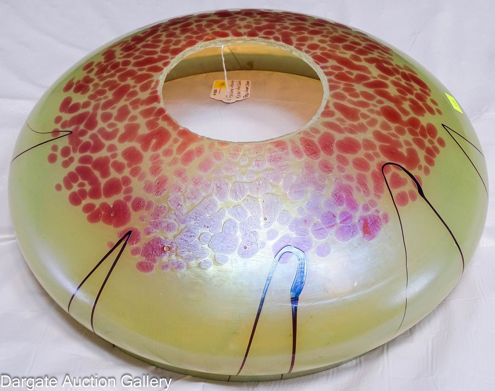 RARE PALLME-KONIG & HABEL ART GLASS TABLE LAMP SHADE: Made between 1889-1920; Design typical of the the maker; translucent yellow green glass with mauve spots and black lines; Measures - 4.5" top opening, 13.5" bottom rim; 4.5"H x