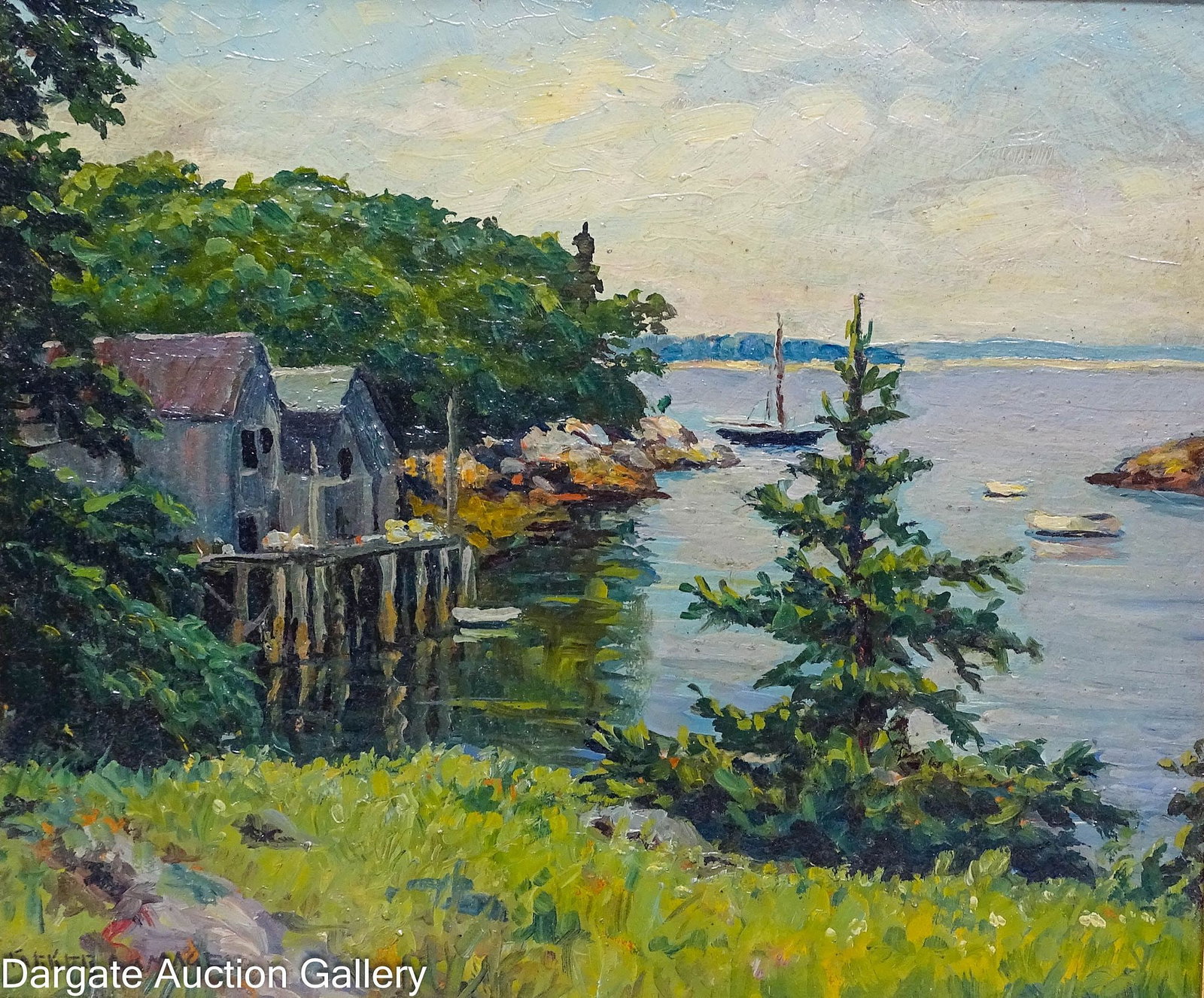 PARKER GAMAGE OIL ON BOARD MAINE COASTAL SCENE: Parker George (American/ME, 1882-1960) Oil on board Maine Coast inlet with boats and buildings; Signed lower left [Parker Gamage]; set in carved gilt wood frame; Measures; Visible Art - 10.5"H x 