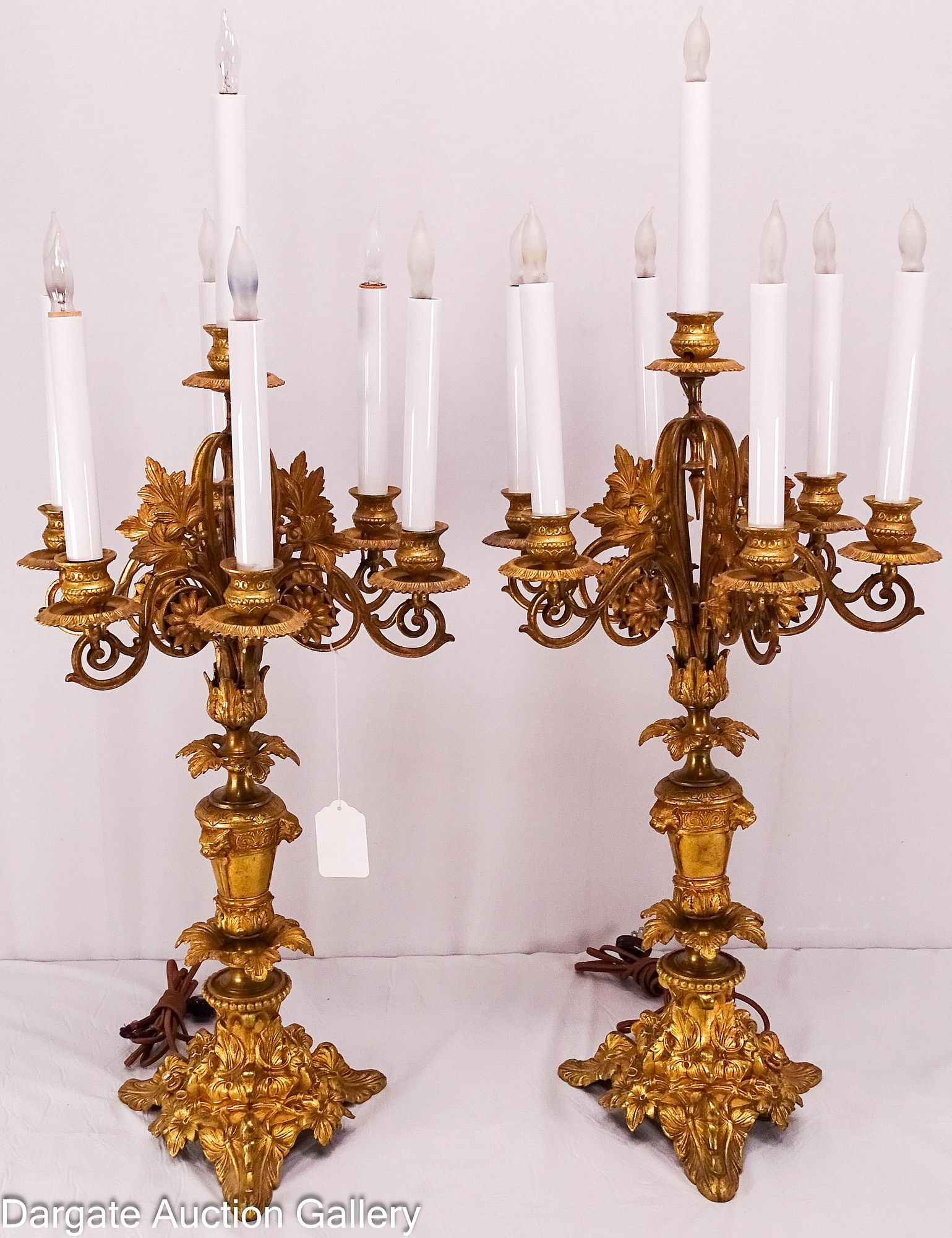 PAIR OF ELECTRIFIED 19th C DORE BRONZE CANDELABRAS (1 of 9)
