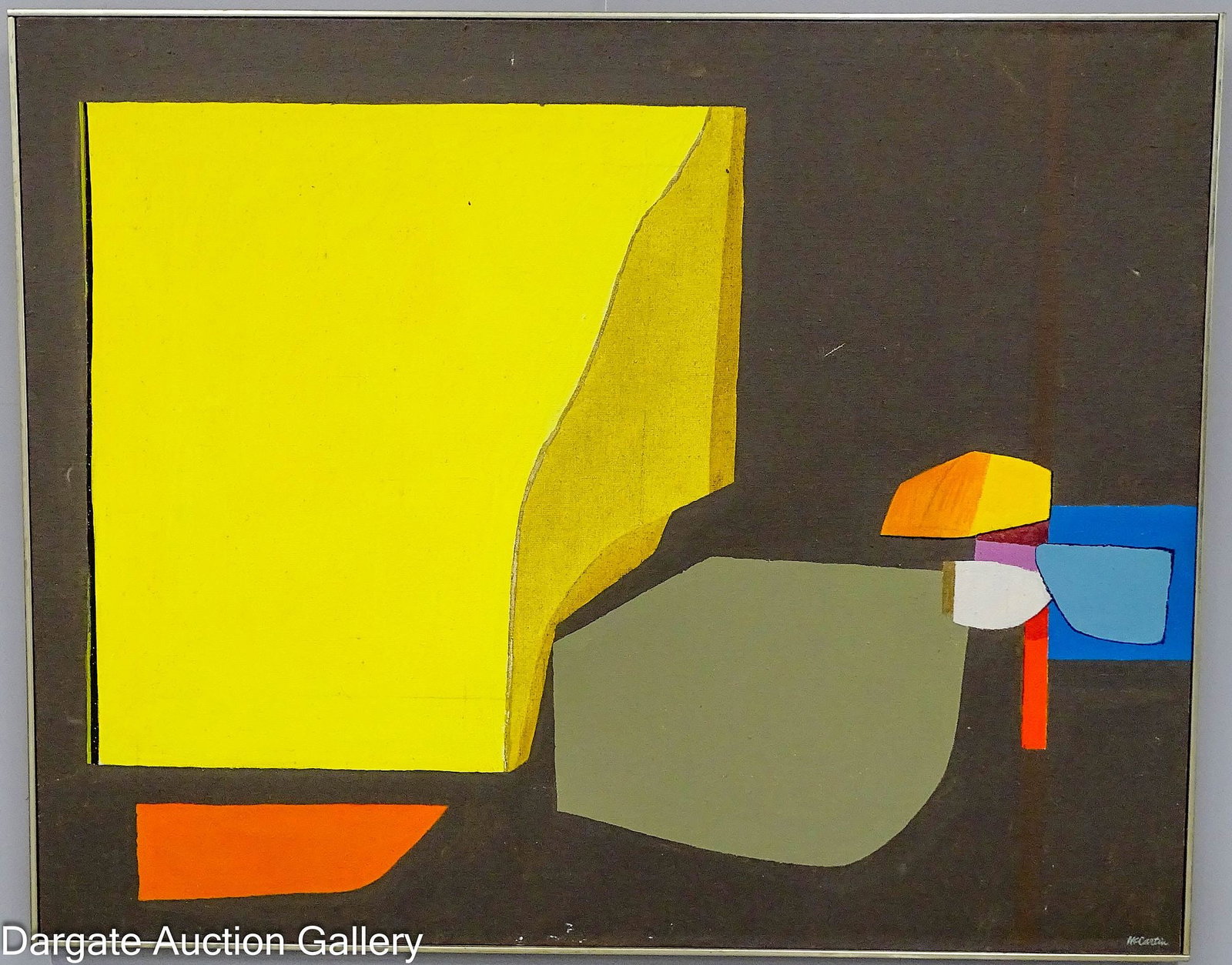 WILLIAM McCARTIN ABSTRACT OIL ON CANVAS: William McCartin (American/NY/ME, 1905-2003) Abstract oil on canvas; signed [MCCARTIN] lower right, and on stretcher; set in wood frame; Measures: Visible Art - 39.5"H x 49.5; Frame - 40.25"