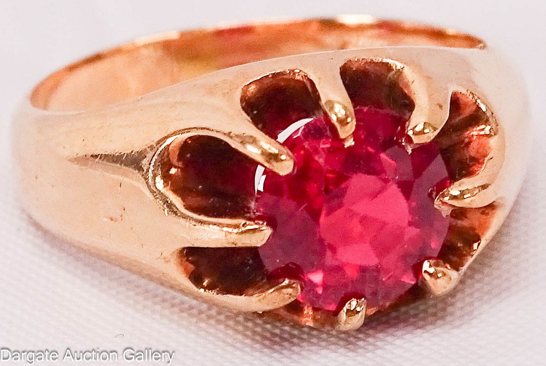 14k YELLOW GOLD RUBY RING: Round cut 6mm ruby, size 6, marked [14k]; total gross weight - 5.8g