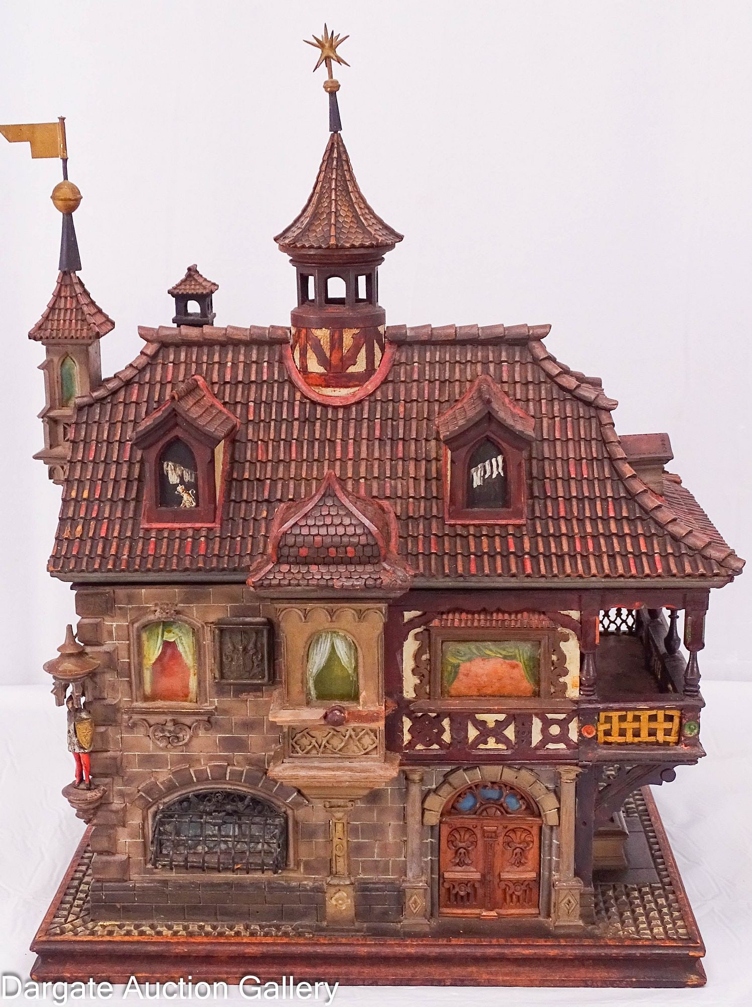 ANTIQUE BLACK FOREST SCHNITZKUNST LOCK BOX TANTALUS: Highly carved and detailed walnut box with lock and divided compartments. Keyhole is behind a small hidden panel. All hand painted deocraton and calligraphy. Inside has a hand written poem