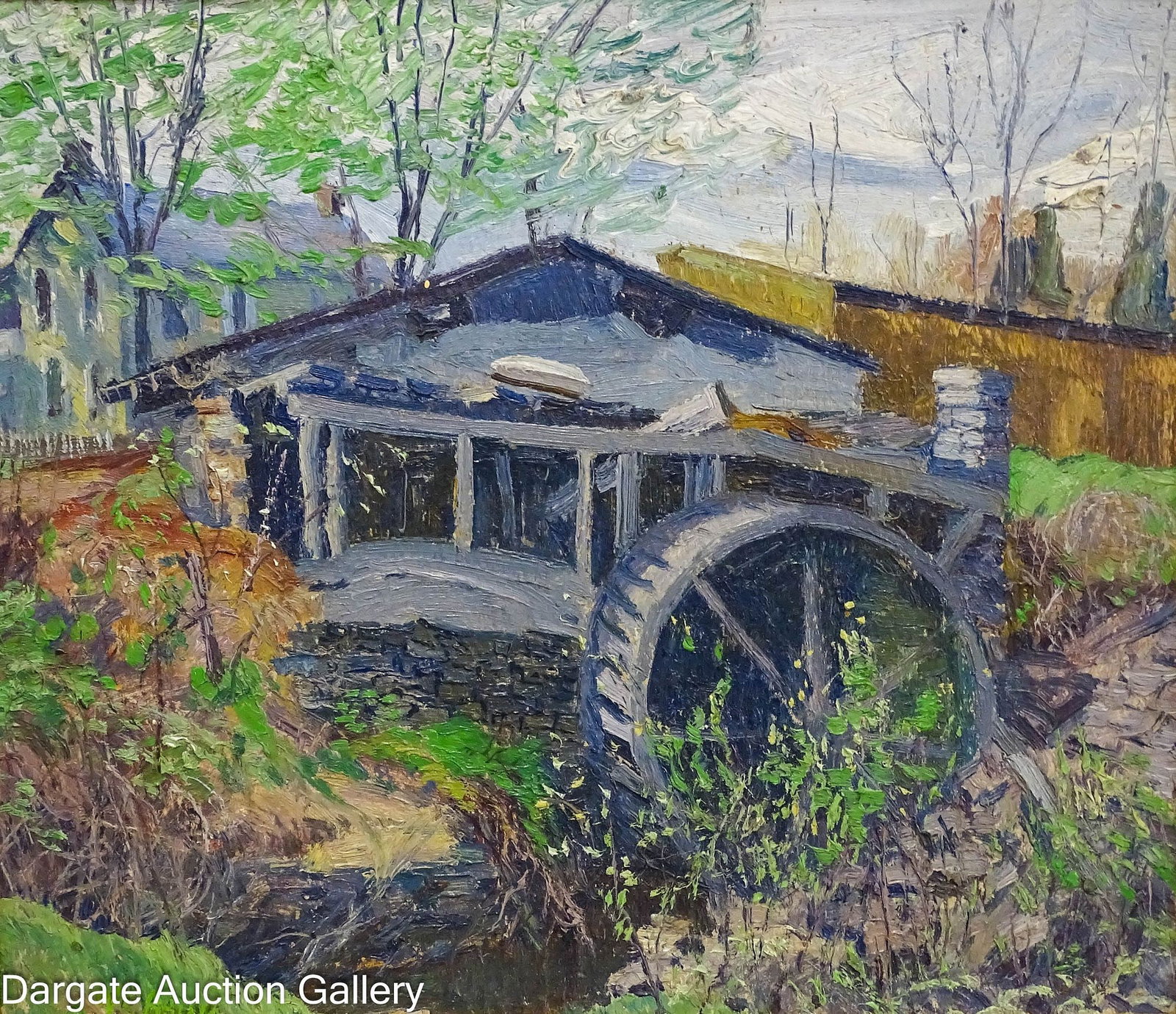 WALTER EMERSON BAUM OIL ON BOARD OLD MILL: Walter Emerson Baum (American/PA, 1884-1956) Oil on board depicting the Old Mill in Rocky Dale, Sellersville, PA, where Baum was born and lived, attributed to Baum, part of a large collection of Baum&