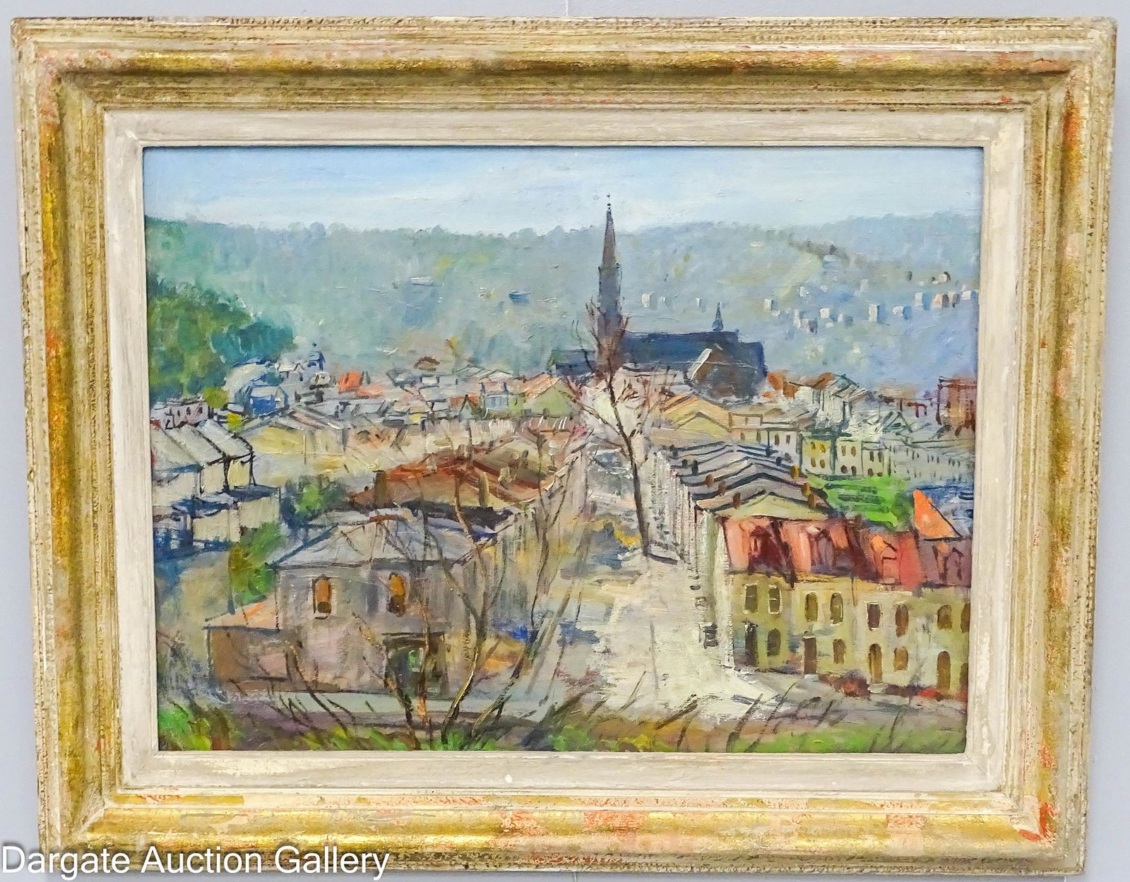 WALTER EMERSON BAUM OIL ON CANVAS CITY SCAPE: Walter Emerson Baum (American/PA, 1884-1956) Oil on canvas depicting a city scene, attributed to Baum, part of a large collection of Baum's works; no visible signature, set in mid-centu