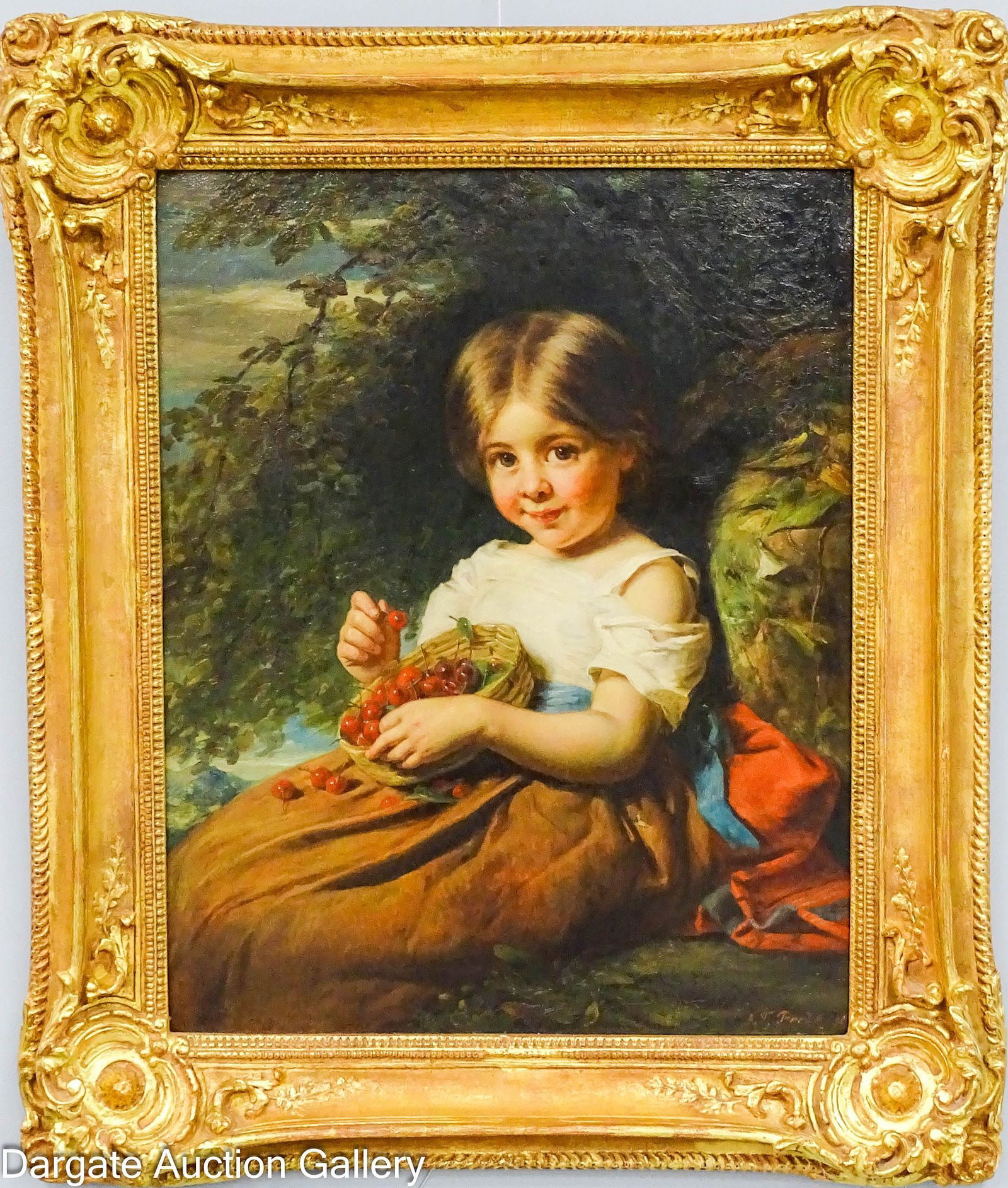 JOHN THOMAS PEELE OIL ON CANVAS - GIRL WITH CHERRIES: John Thomas Peele (English, 1822-1897) Oil on canvas portrait of a girl with a basket of cherries; signed lower right, set in modern gilt Victorian style frame; Measures: Visible Art - 28"H x