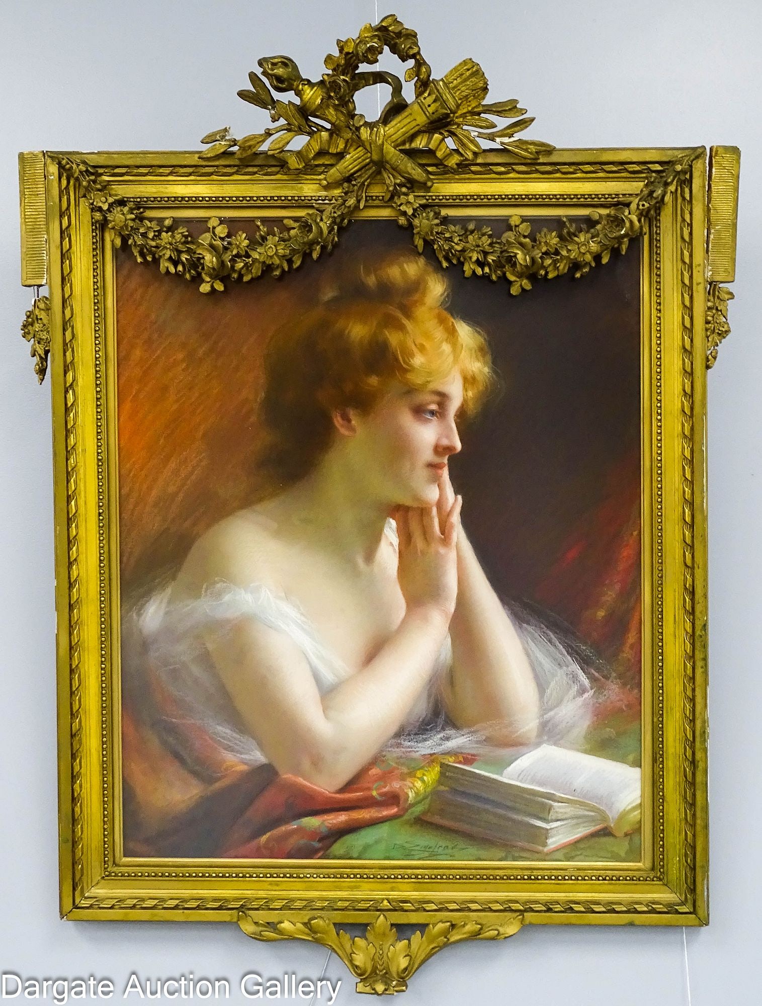 DELPHIN ENJOLRAS PASTEL OF A LADY READING: Delphin Enjolras (French, 1857-1945) Pastel of a lady sitting at a table reading a book; signed low center; set under glass in gilt wood frame; Measures: Visible Art - 28"H x 23"W, Frame -