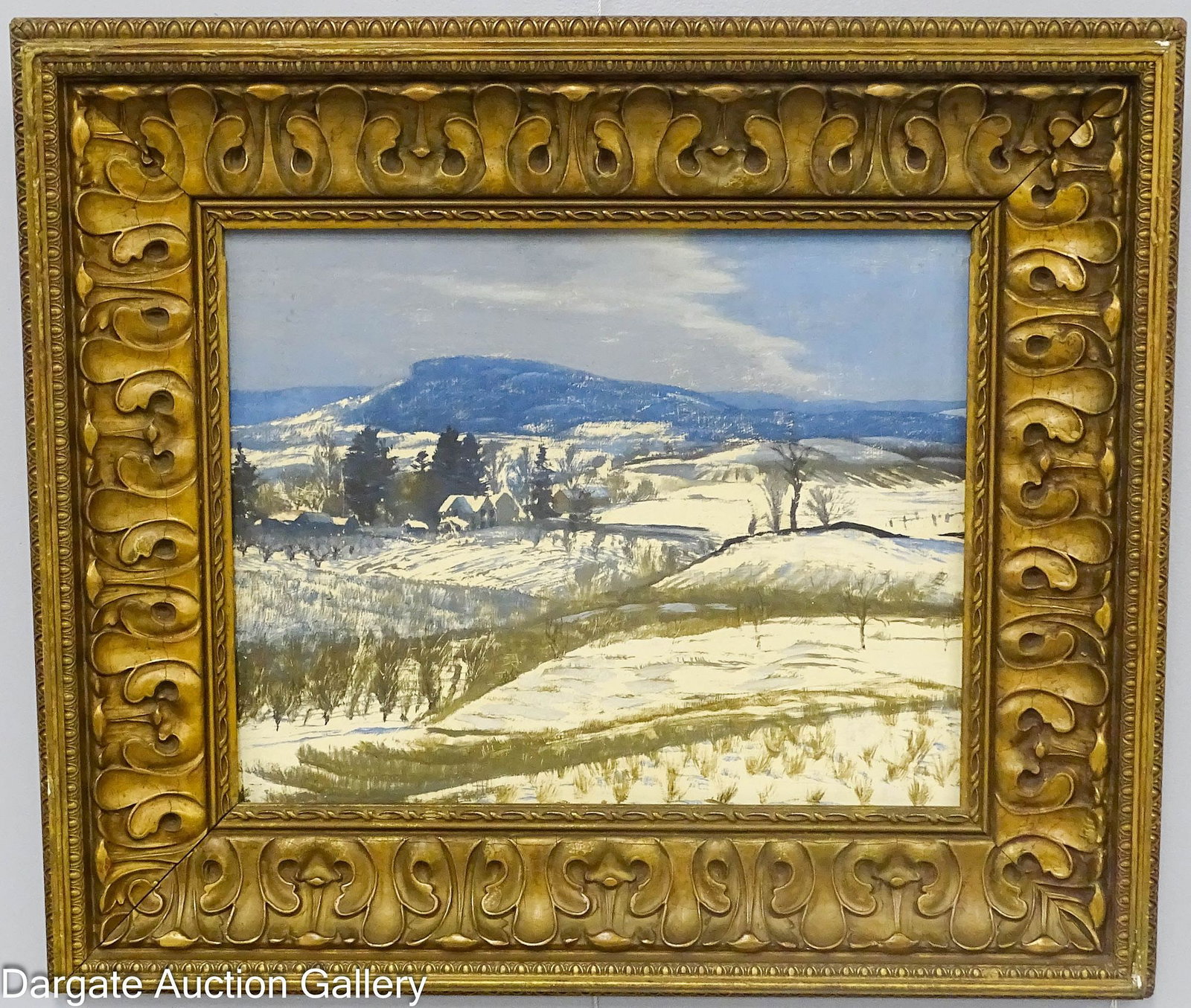 WALTER EMERSON BAUM OIL ON PANEL FIELDS OF SNOW: Walter Emerson Baum (American/PA, 1884-1956) Oil on board depicting a snow scene in Bucks County Pennsylvania, titled Fields of Snow (sketch for a larger work), part of a large collection of Baum'