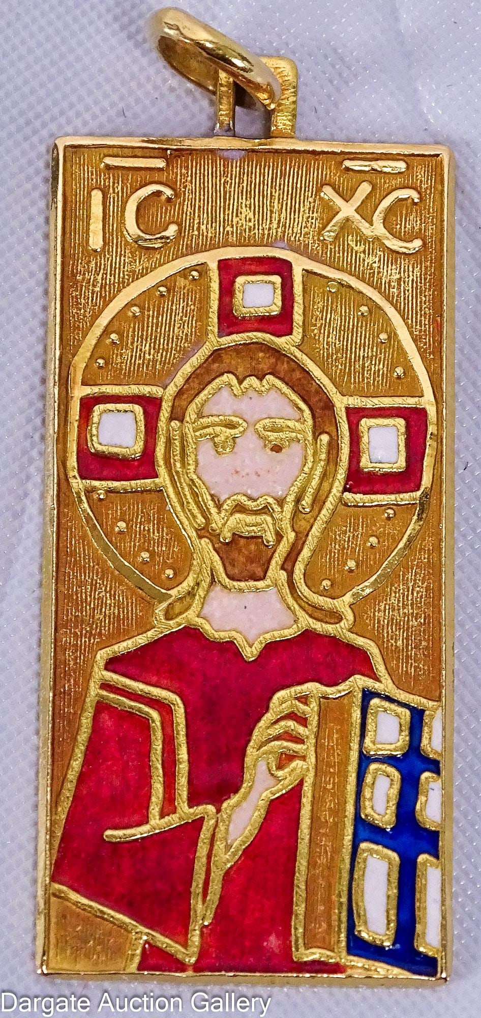 18k YELLOW GOLD BYZANTINE CHRIST PANTOCRATUR PENDANT: Rectangular 18k yellow gold pendant with the Byzantine Icon of Christ Pantocratur, highlighted in red, white and blue enamel. The back has [FRATER/FRRATI] in the shape of a cross. Along the bottom is
