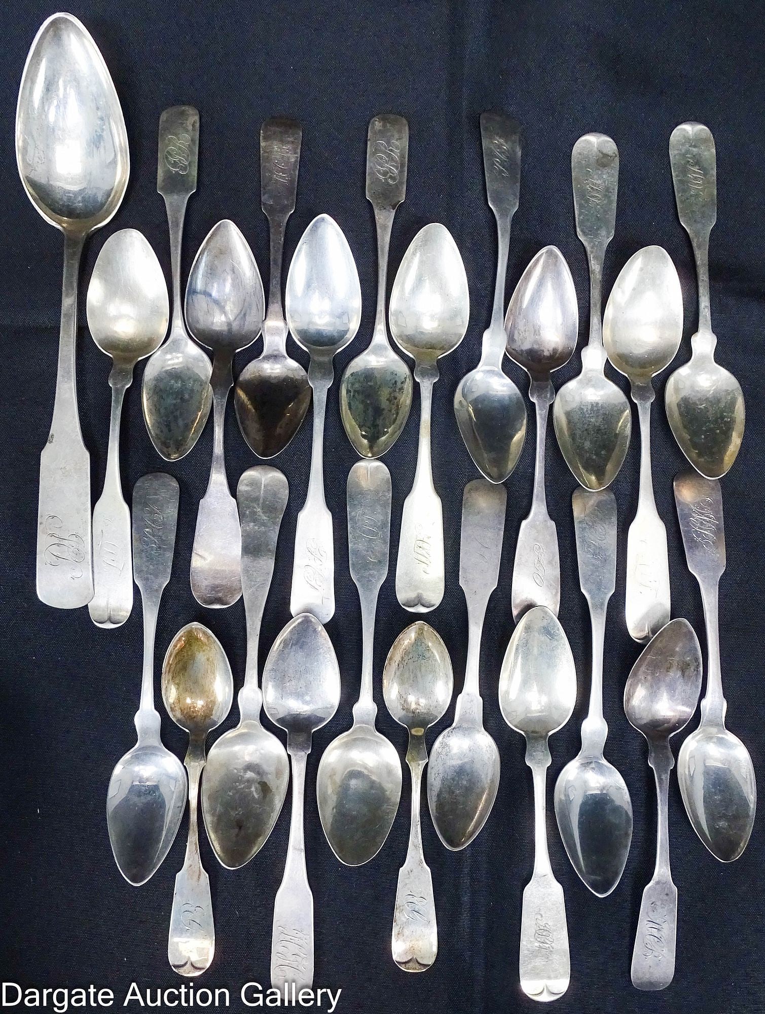 (24) AASSORTED EARLY AMERICAN COIN SILVER SPOONS: Monogrammed, various marks and styles; Measures: 425g; Condition - Wear, dings, bends, etc. 