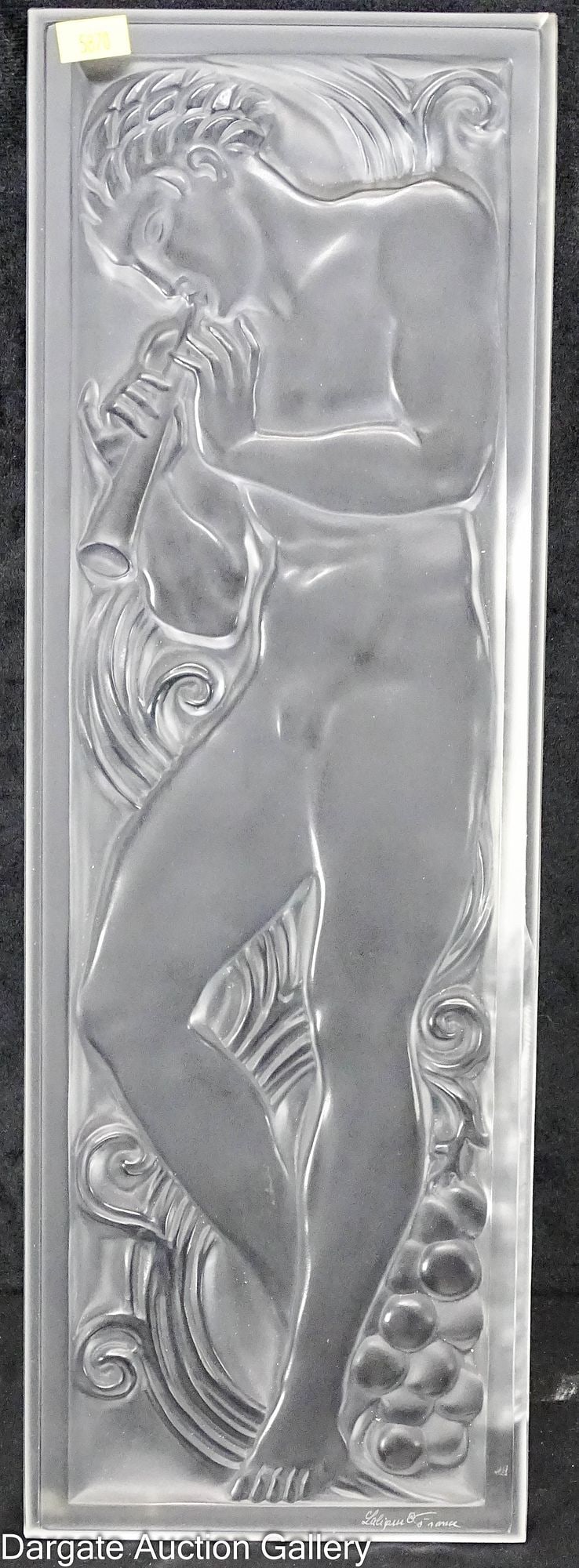 LALIQUE PIPER NUDE GLASS PANEL: A frosted crystal panel depicting a nude male piper surrounded by grapes and vines (Joueur de Pipea); signed [Lalique France]; Measures - 18"H x 6"W x .75"D; Condition - Has damage and