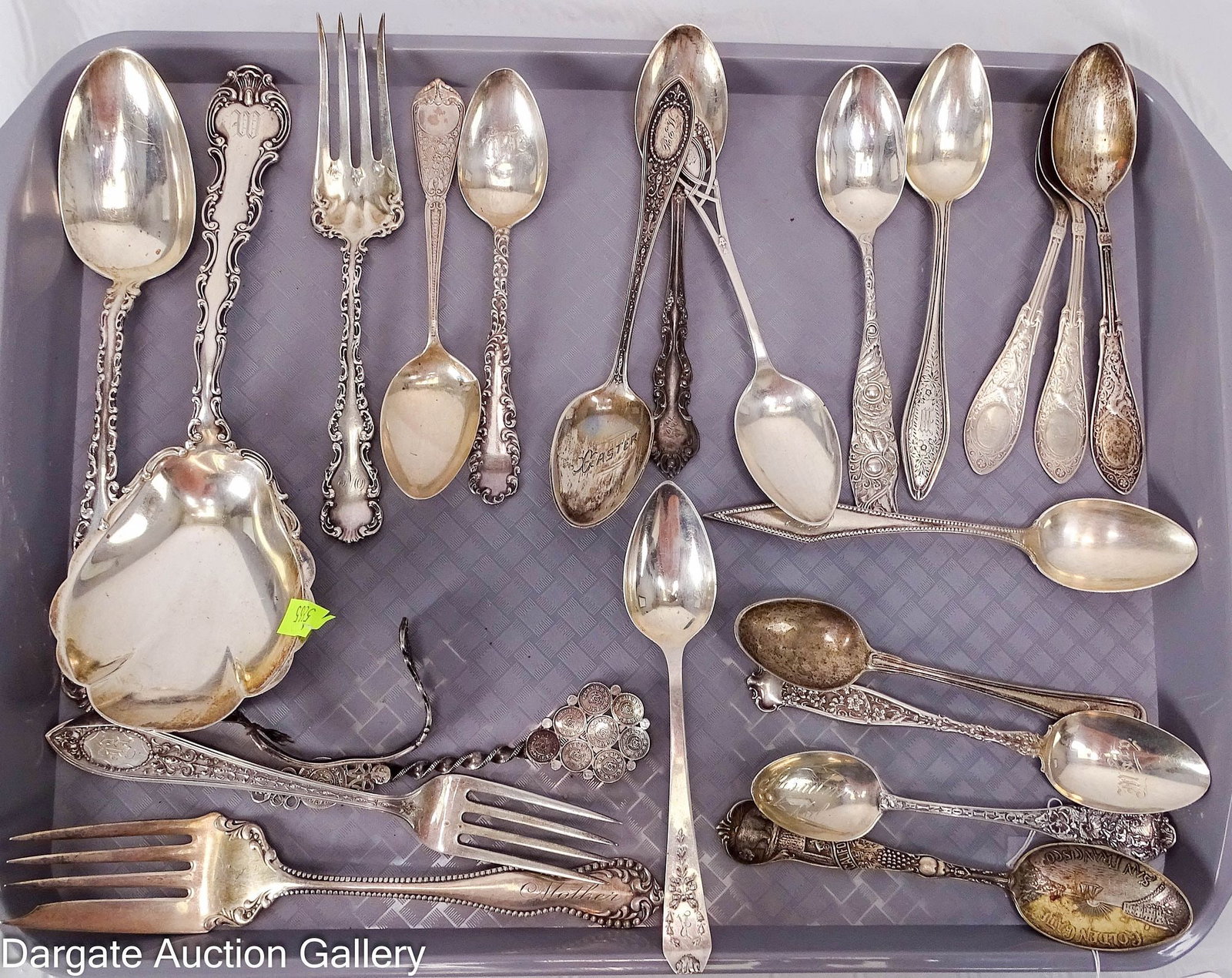 23pcs STERLING FLATWARE INC LOUIS XV, SOUVENIR, ETC.: This collection consists of 23 pieces of assorted sterling flatware featuring various patterns and makers, including Louis XV and souvenir styles. All pieces are marked sterling with the exception of