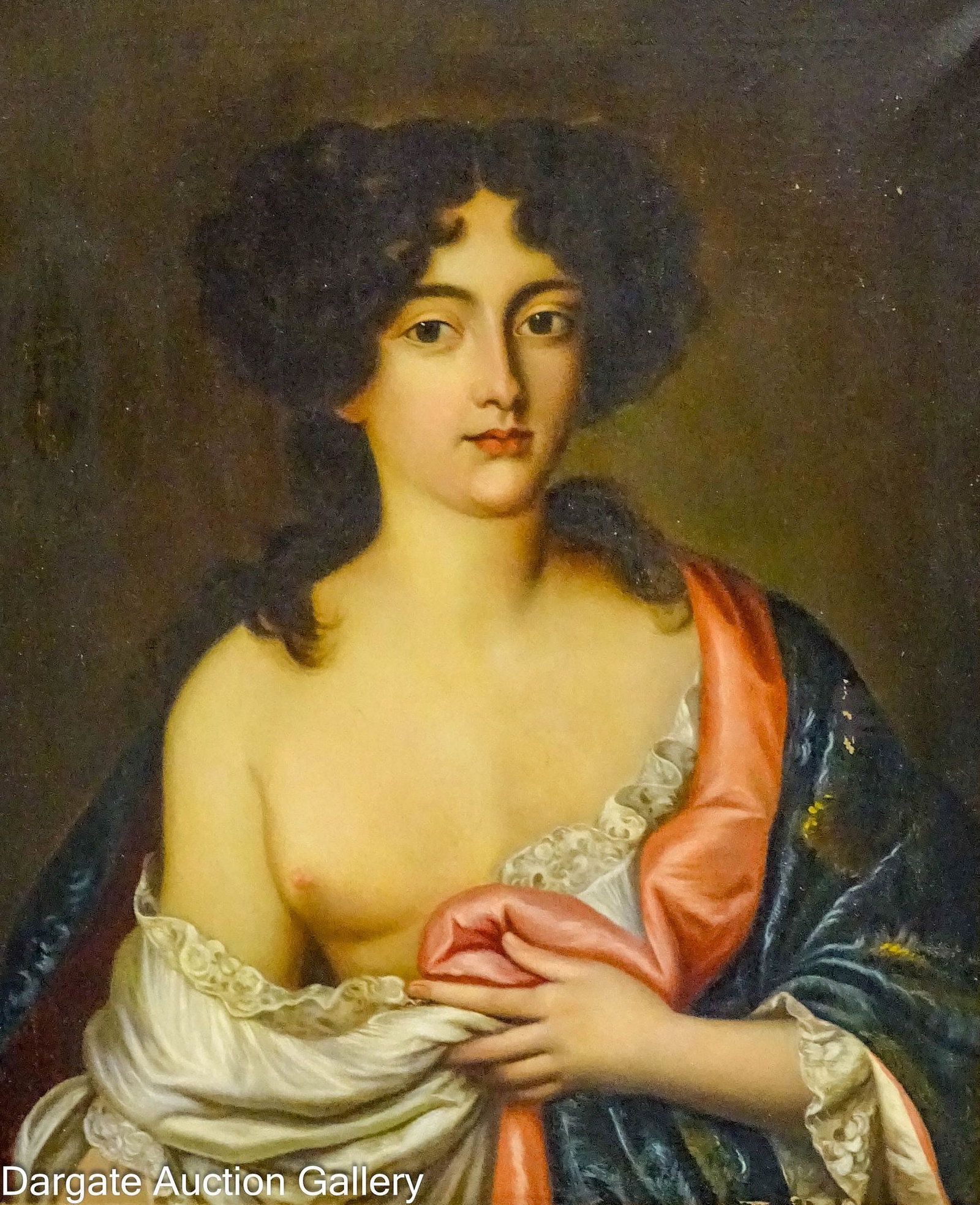 1876 VIRGILIO BIANCHIN PORTRAIT OF OLIMPIA MANCINI: Virgilio Biachini (Italian, XIX-XX) 1876 oil on canvas copy of the portrait of Olympia (Olimpia) Mancini, the Countess of Soissons (1638-1708); info is on the back; Titled [Portrait of Olimpia Mancini