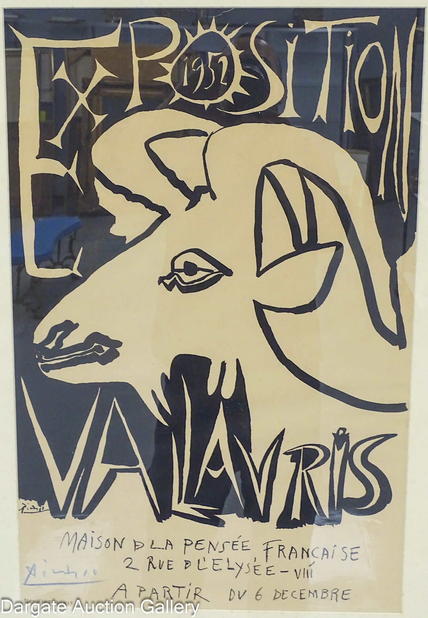 PICASSO BLUE CRAYON SIGNED 1952 VALLARIUS POSTER: Pablo Picasso (French/Spanish, 1881-1973) Poster for Exposition Vallaruis 1952 linoleum cut on paper, signed in blue crayon lower left; set under glass in modern black frame; Measures: Actual paper si
