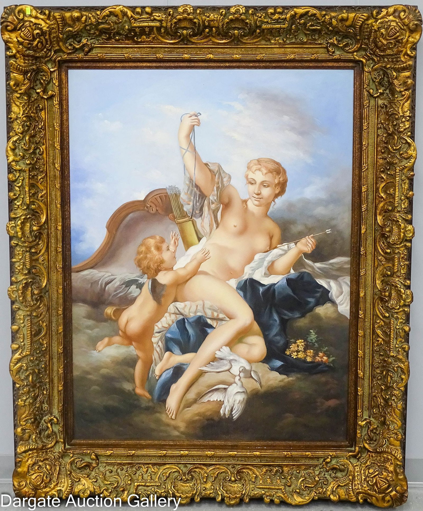 OIL ON CANVAS LOVE DISARMED SCENE: Unsigned oil on canvas contemporary allegorical scene of Love Disarmed; set in modern Victorian molded frame; Measures: Visible Art - 47.5"H x 35.5"W, Frame - 62.5"H x 50.5"D