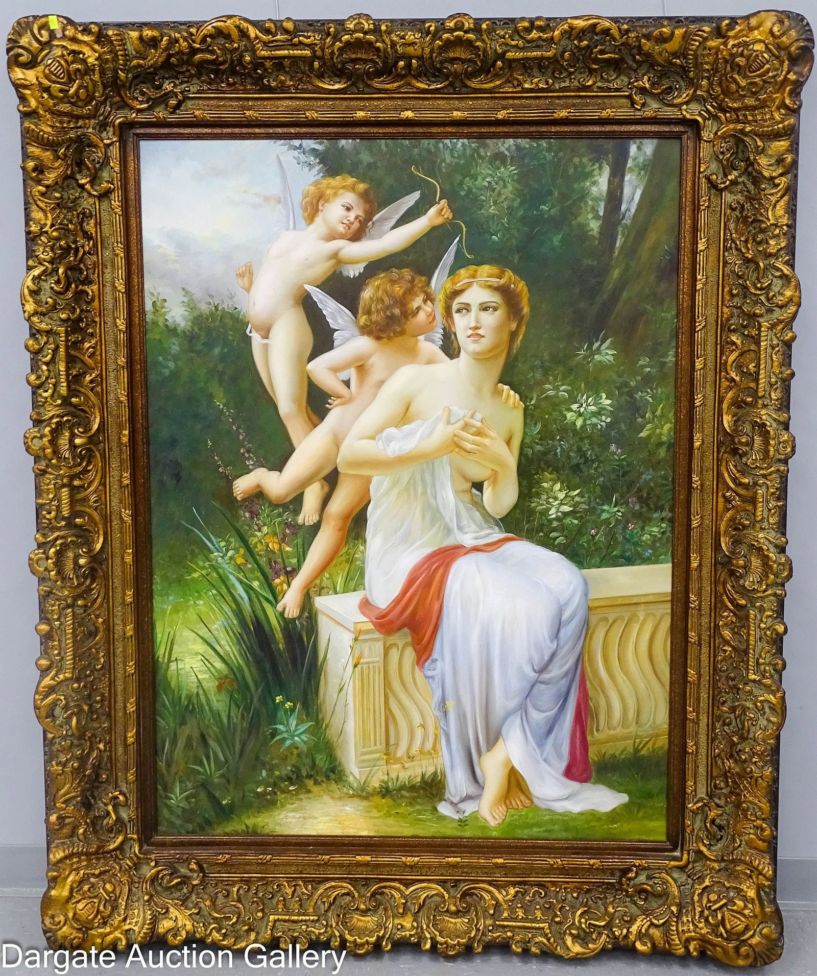 OIL ON CANVAS LOVE'S ADVANCE ALLEGORY AFTER GUILLAUME SEIGNAC: Oil on canvas after Guillaume Seignac in a contemporary allegory scene of "Love's Advances"; unsigned; set in a modern Victorian molded frame; Measures: Visible Art - 47.5"H x 35.5&