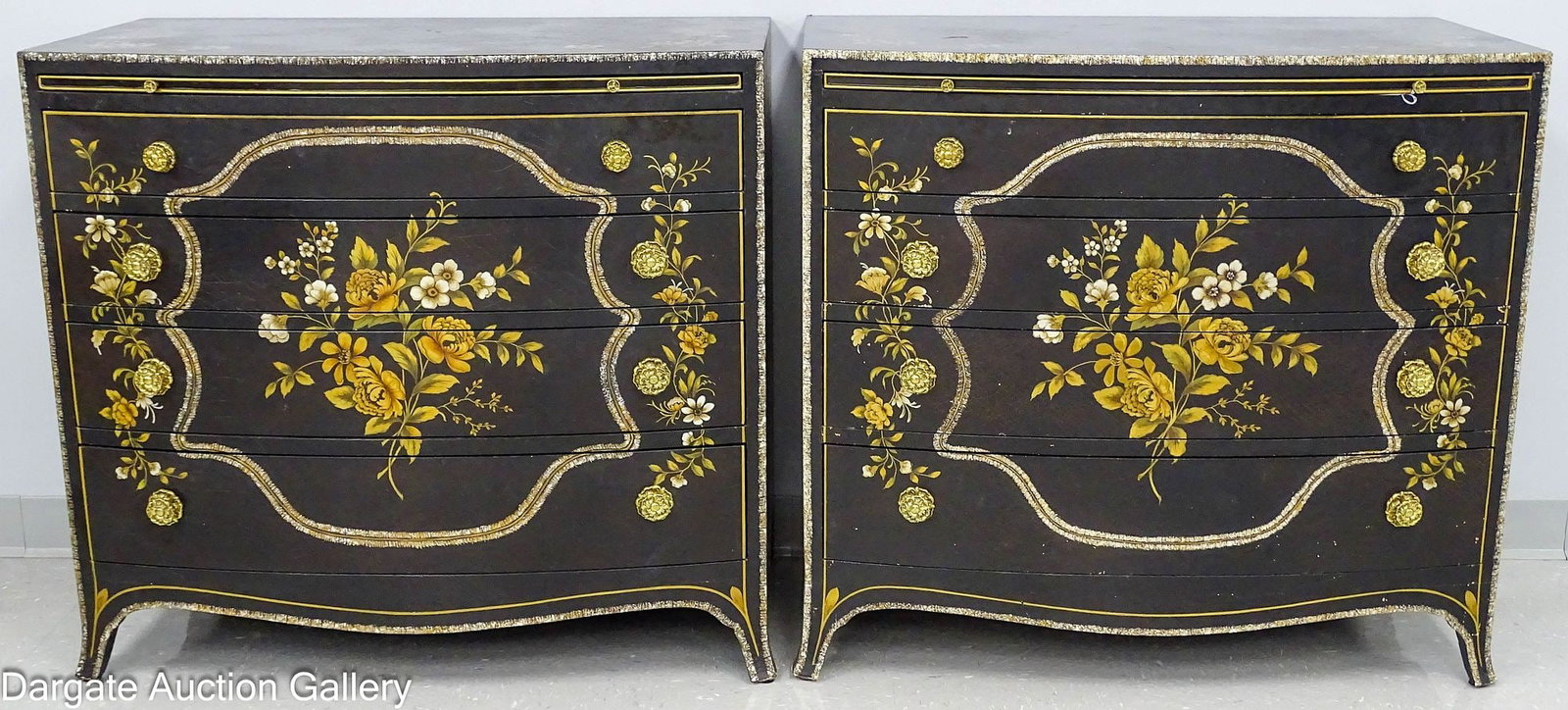 PAIR BAKER HEPPLEWHITE STYLE BLACK EBONIZED BOW FRONT CHESTS (1 of 12)