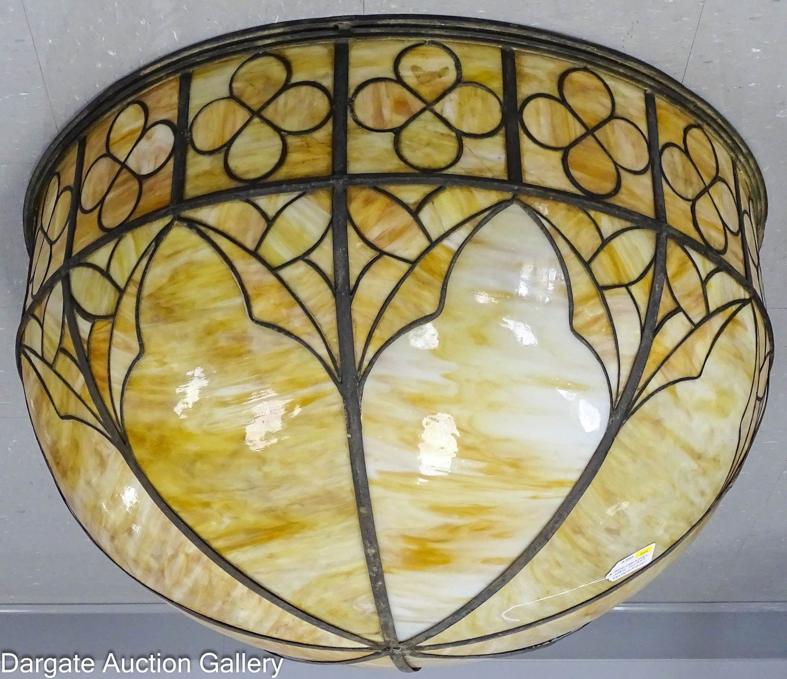 MONUMENTAL CARAMEL SLAG GLASS DOME SHADE: Huge size dome ceiling light shade; made of caramel and amber slag glass panels with lead metal caming; curved section has 8 curved glass panels with Art Nouveau style sections beneath; the straight s