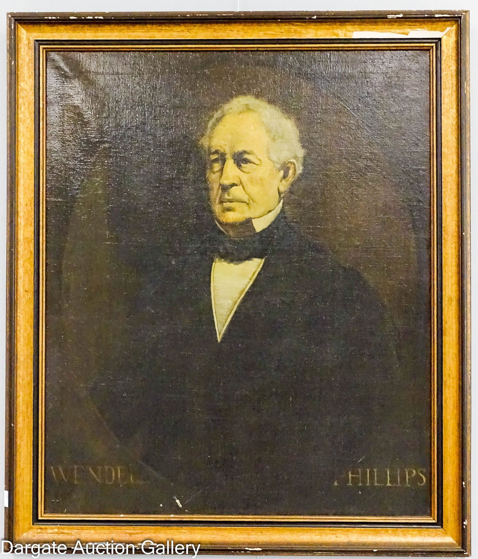 19th C OIL ON CANVAS WENDELL PHILLIPS PORTRAIT: Wendell Phillips (American, 1811-1884) American abolitionist; oil on canvas portrait, not signed; set in gilt wood frame; Measures: Visible Art - 24.5"H x 29.5"W, Frame - 29.5"H x 34.5&