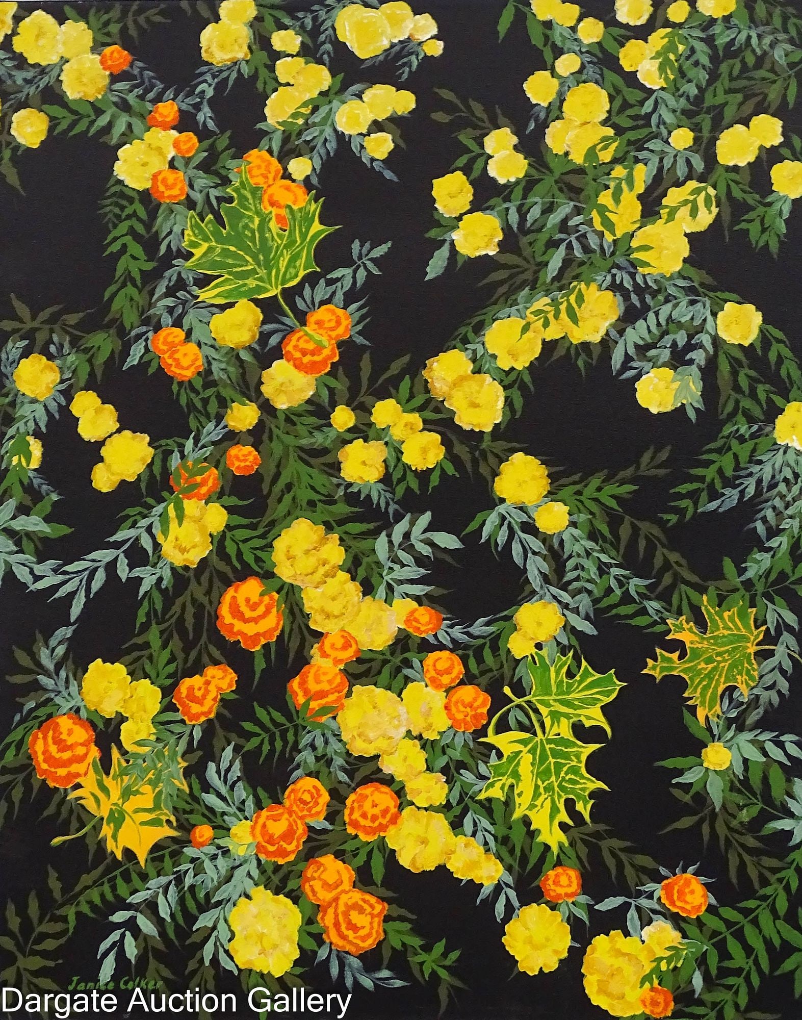 JANICE COLKER OIL ON CANVAS "TAPESTRY": Janice Colker (American/PA, 1929-2009) Oil on canvas titled "Tapestry"; signed lower left and verso on stretcher; not framed; Measures - 30"H x 24"W
