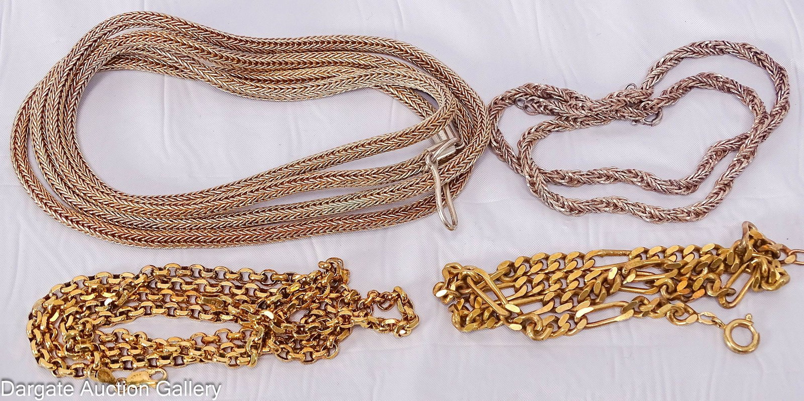 (4) ASSORTED STERLING SILVER CHAIN NECKLACES: Includes: (1) 18"L twisted rope chain, spring ring clasp [925]; (1) 17"L gold wash figaro chain (broken), spring ring clasp [925]; (1) 33" gold wash box chain, lobster claw clasp [925];