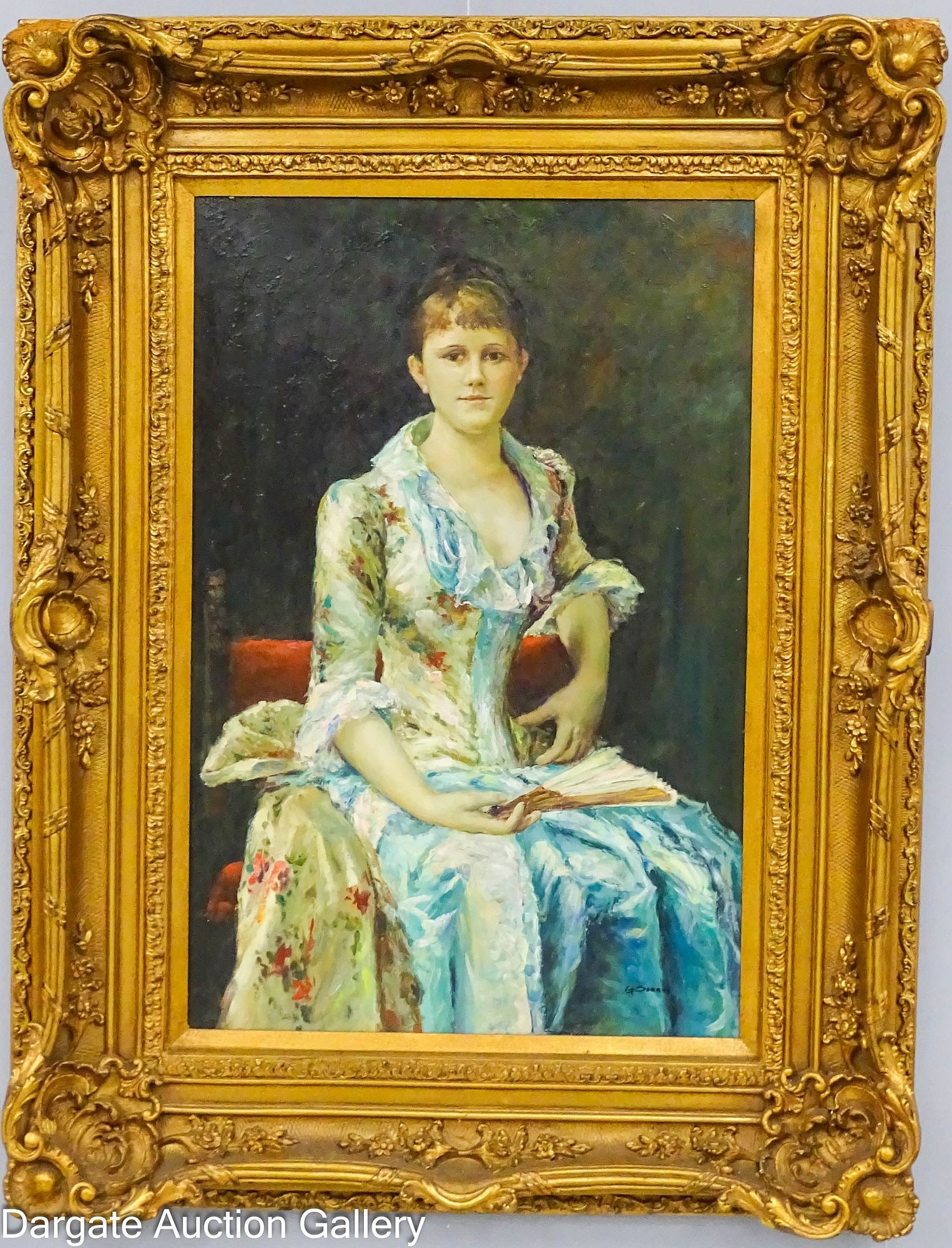 OIL ON CANVAS SOCIETY PORTRAIT: Oil on canvas portrait of a lady sitting in a chair with a book; Signed lower right [G. SERRUE]; set in a molded gilt frame; Measures: Visible Art - 35.5"H x 23.5"W, Frame - 50"H x 38&q