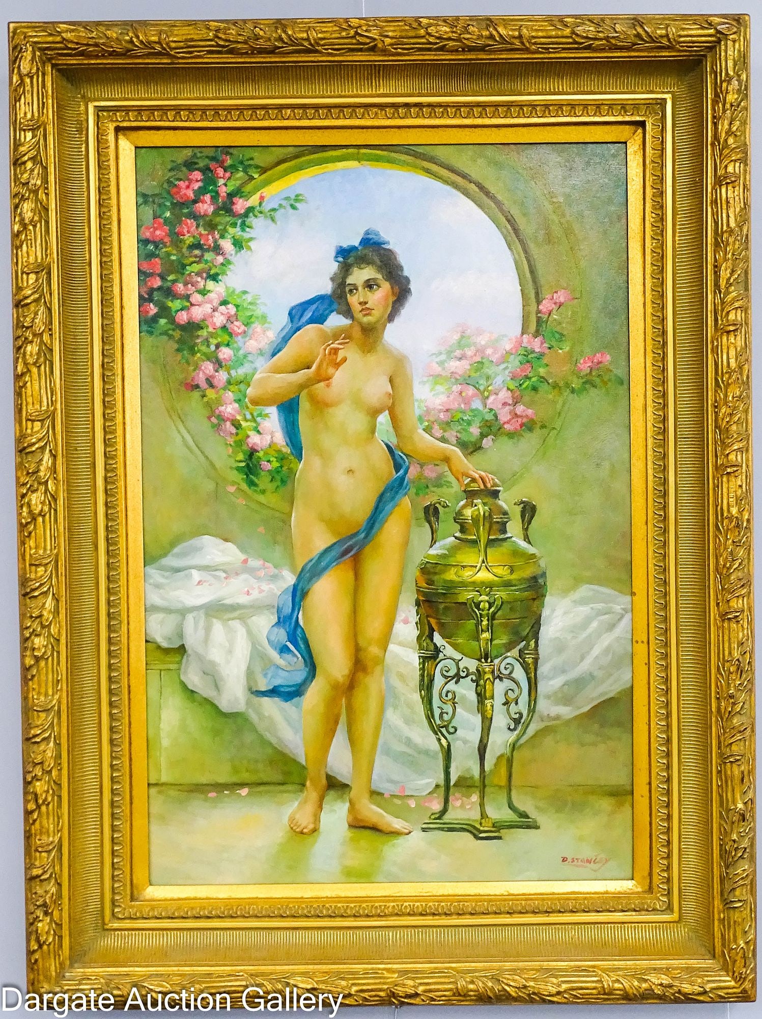 D STANLEY AFTER ERNEST NORMAN OIL ON CANVAS - PANDORA: After Ernest Normand's (England/France, 1857-1923) 1899 Pandora, 2000 oil on canvas reproduction, signed lower right [D STANLEY]; set in modern Victorian frame; Measures: Visible Art - 36"H x