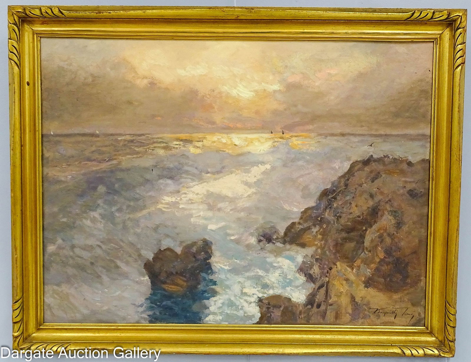 JENO KARPATHY OIL ON CANVAS ITALIAN COASTAL SCENE: Eugen Jeno Karpahty (Hungarian, 1871-1950) Oil on canvas Italian coastal scene; signed lower right, set in a hand carved gilt molded frame; Measures: Visible Art - 23"H x 31.25"W, Frame - 28