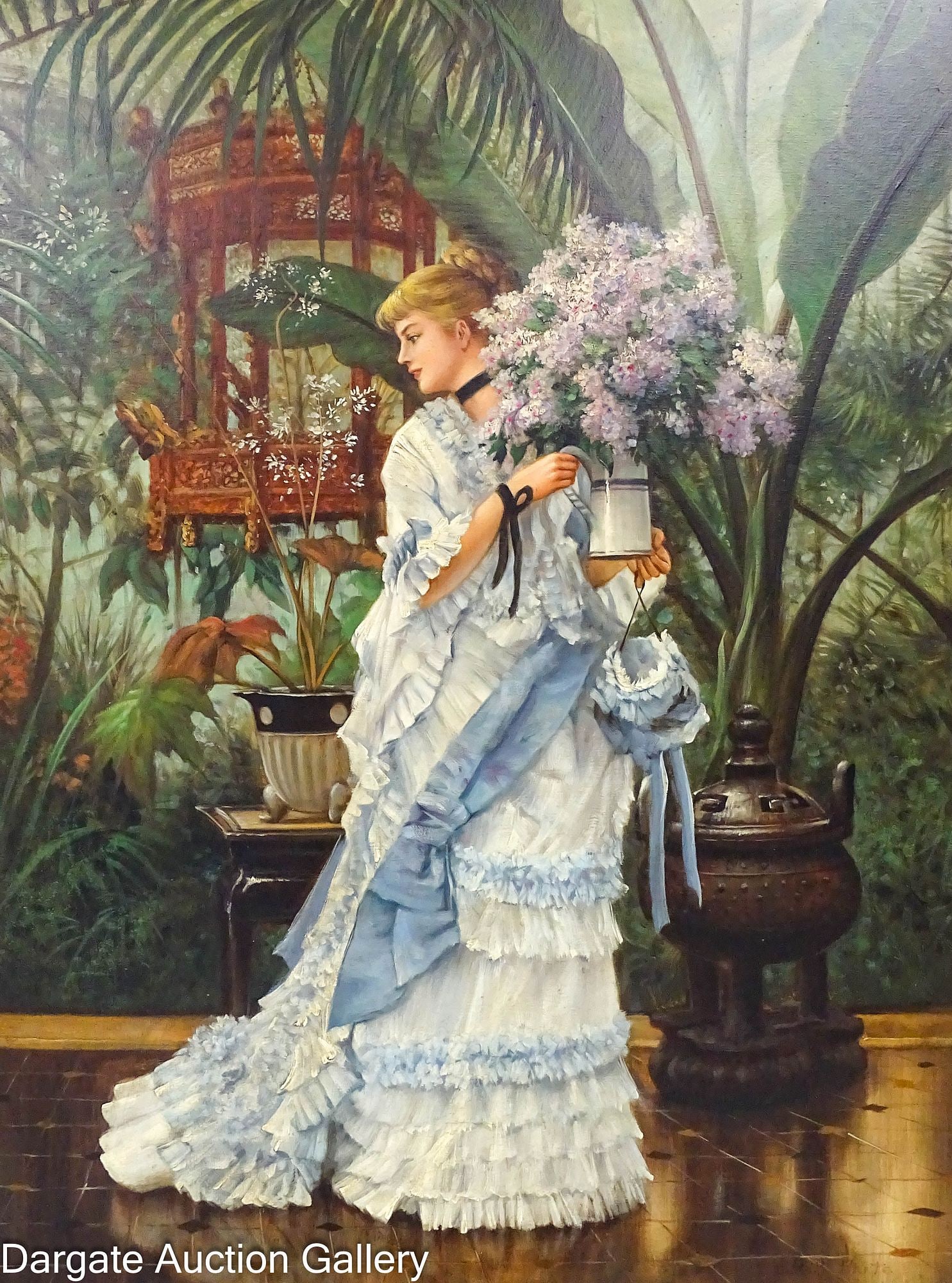 OIL ON CANVAS AFTER JAMES TISSOT - BUNCH OF LILIES: After James Tissot's (French, 1836-1902) 1875 The Bunch of Lilacs, 20th Century Oil on Canvas Reproduction by Bill Harte; Signed lower right; Set in a modern Victorian frame;. Measures: Visible Ar