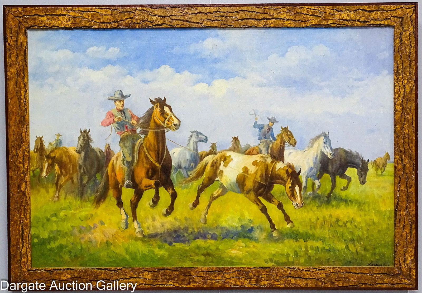 OIL ON CANVAS WESTERN PAINTING - COWBOY HORSE DRIVE: Contemporary oil on canvas of cowboys driving horses in a western scene; Signed lower right, illegible; set in a faux bark frame; Measures: Visible - 23.5"H x 35.5"W, Frame - 28"H x 40&