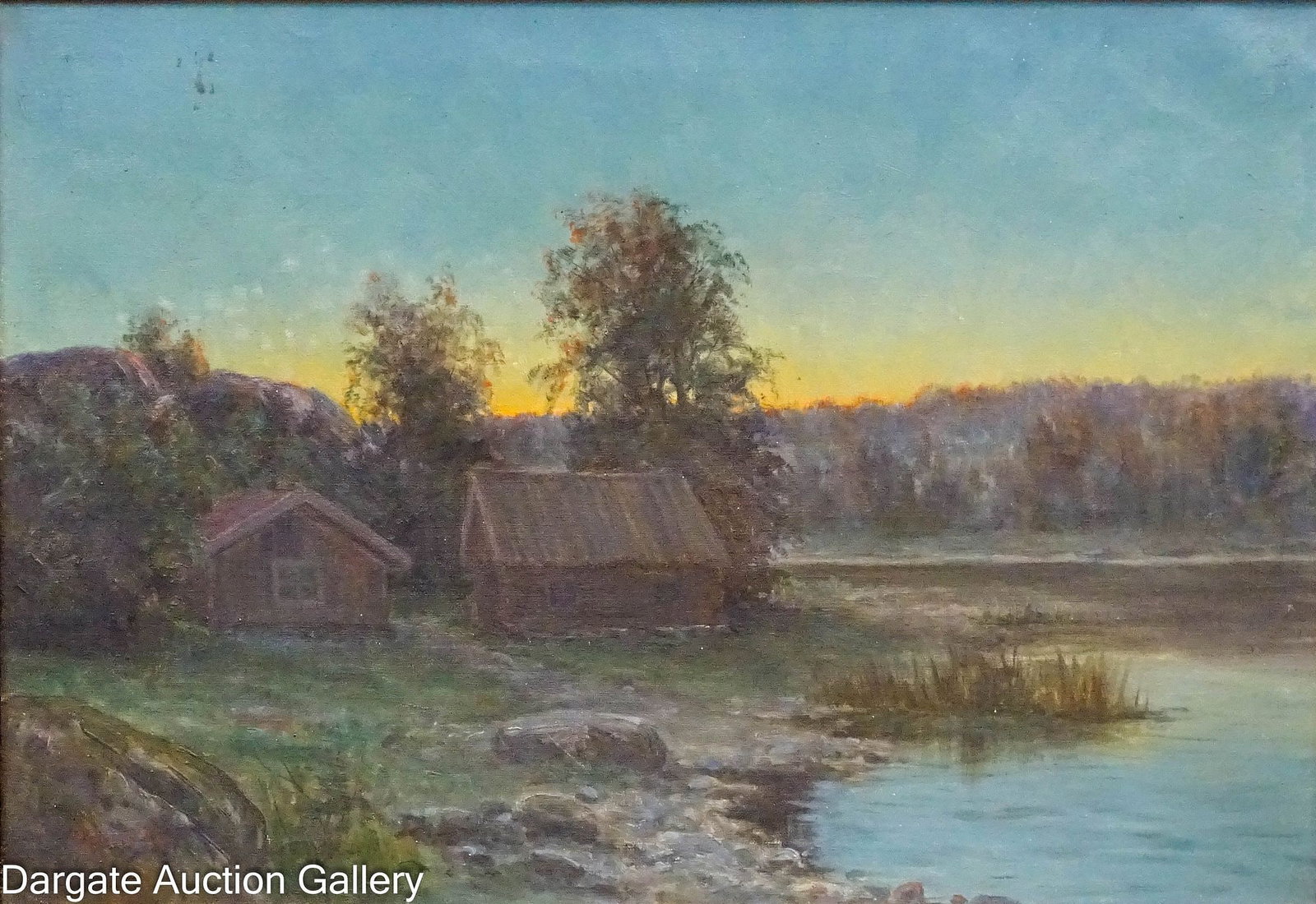 ANSHELM DAHL OIL ON CANVAS LANDSCAPE: Anshelm (Anselm) Dahl (Swedish, 1897-1964) oil on canvas depicting a lakeside scene with a house; signed lower left [ANSHELM DAHL]; set in gilt gesso frame; Measures: Visible Art - 17"H x 24"