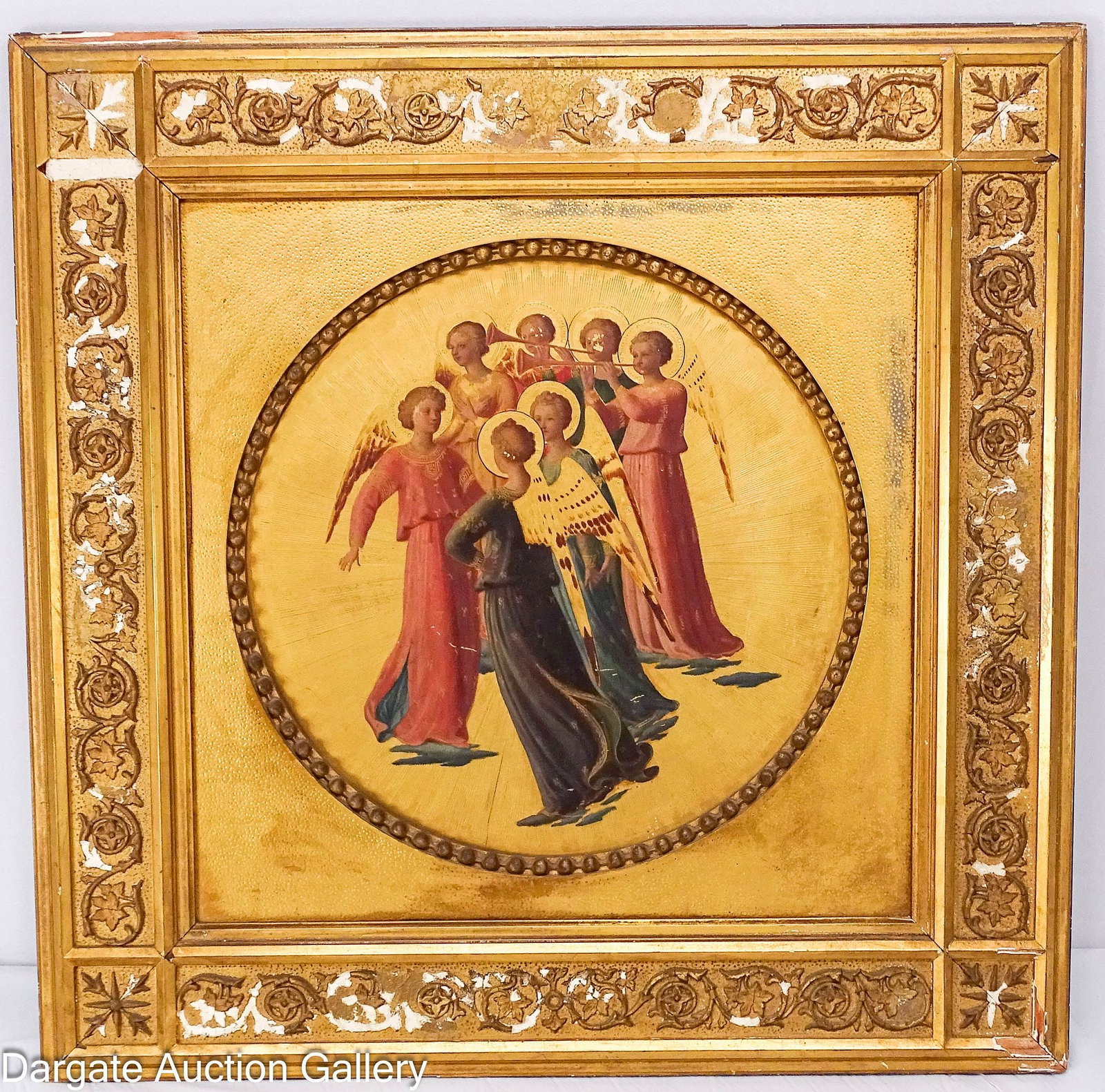 AFTER FRA ANGELICO 19th CENTURY REPRODUCTION - ANGELS: Fra Angelico (Italy, c. 1395-1455) 19th Century reproduction in tempera and gilt on wood, tondo form set in a square gilt gesso frame; depicts a scene of musical angels with a tooled surface; unsigned