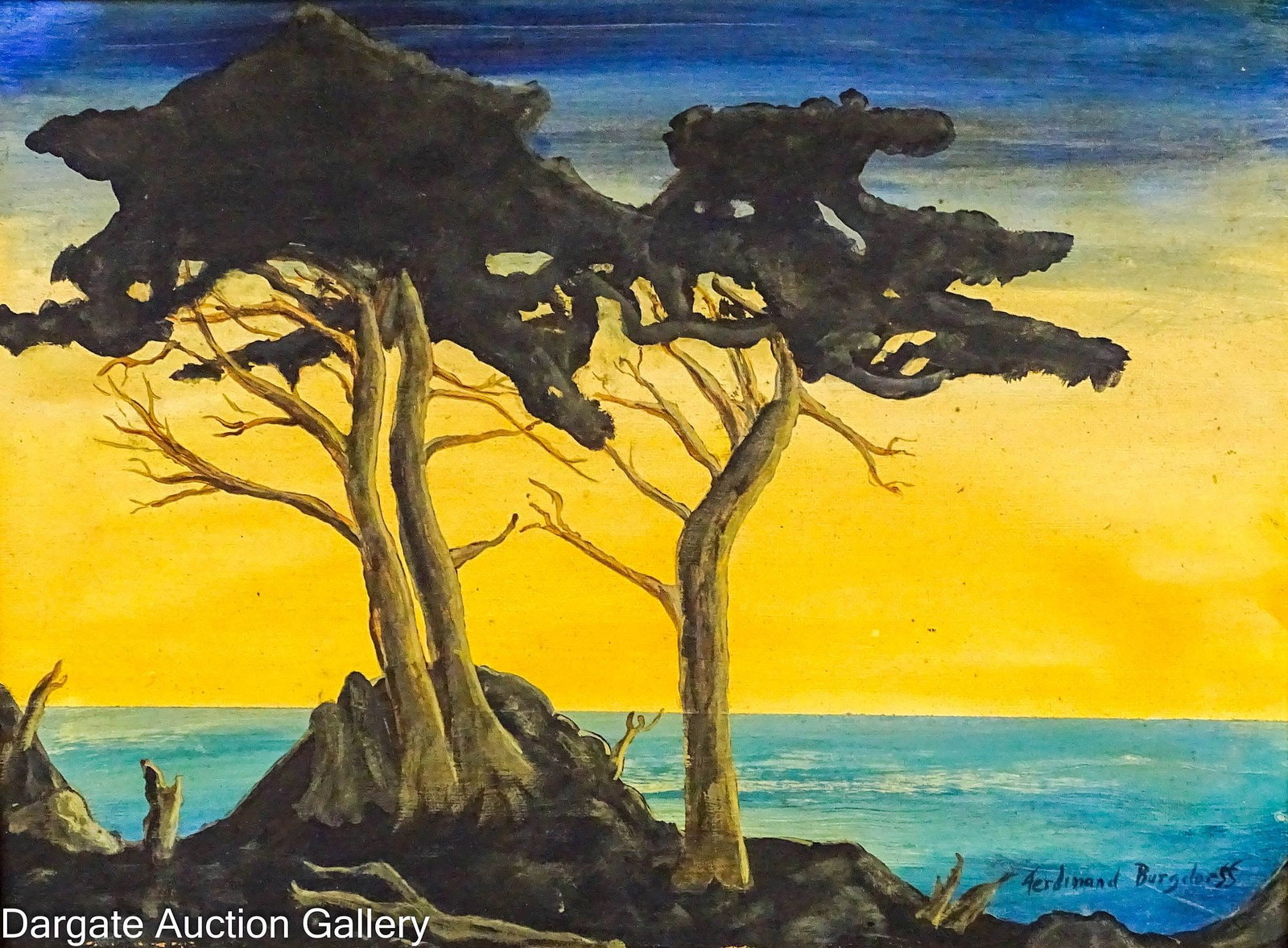 FERDINAND BURGDOFF O/B CALIFORNIA LANDSCAPE - MONTEREY PINES: Ferdinand Burgdorff (American/CA/OH, 1881-1975) 1975 oil on board California landscape painting titled "Monterey Pines"; signed lower right and en verso; set in modern gilt frame; Measures: 