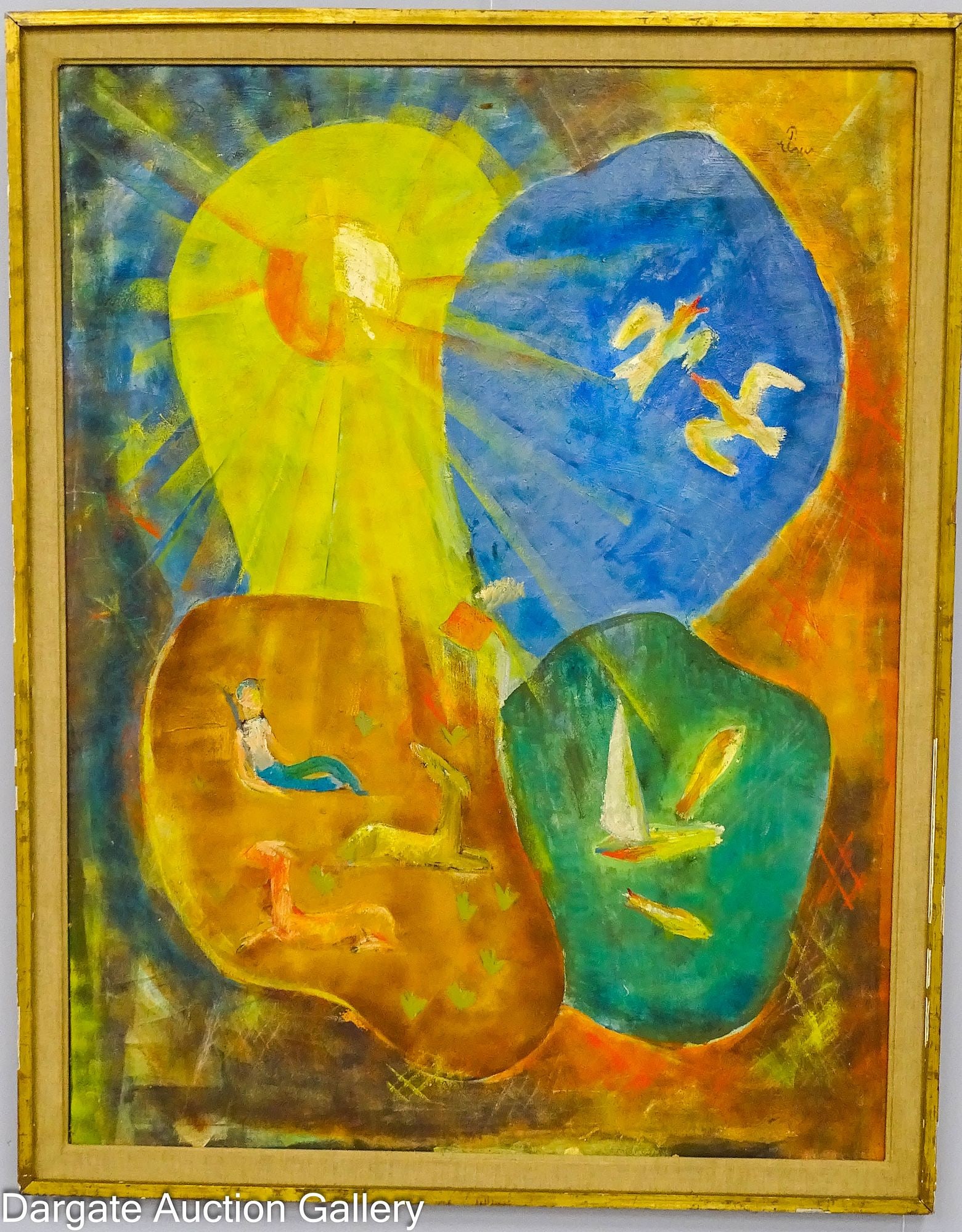 OIL ON CANVAS SIGNED ABSTRACT PAINTING: Abstract oil on canvas, signed upper right corner (Illegible), tag on wooden stretcher indicates that the painting was shipped from Paris; set in gilt wood frame; Measures: Visible Art - 45"