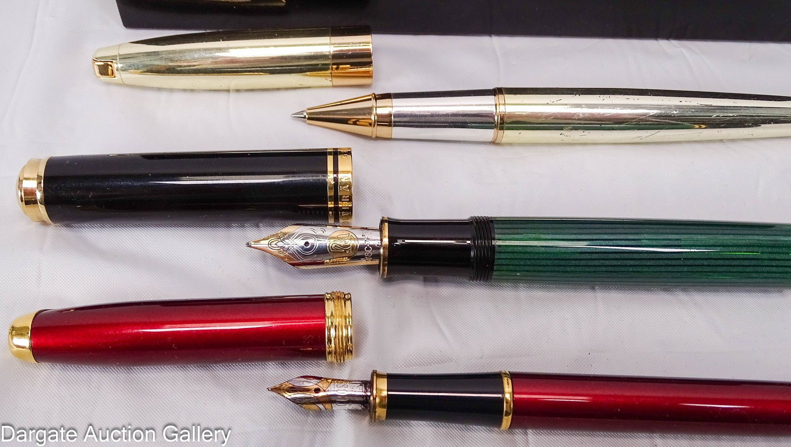 (3) ASST PENS incl FOUNTAIN PENS: Includes: (1) Pelikan Souveran M1000 Series fountain pen, 18k gold nib, 5 5/8"L (14cm); (1) Cross Pinnacle Burgandy enamel fountain pen, 18k gold nib, 5.75"L; (1) Shaeffer Legacy Ballpoint