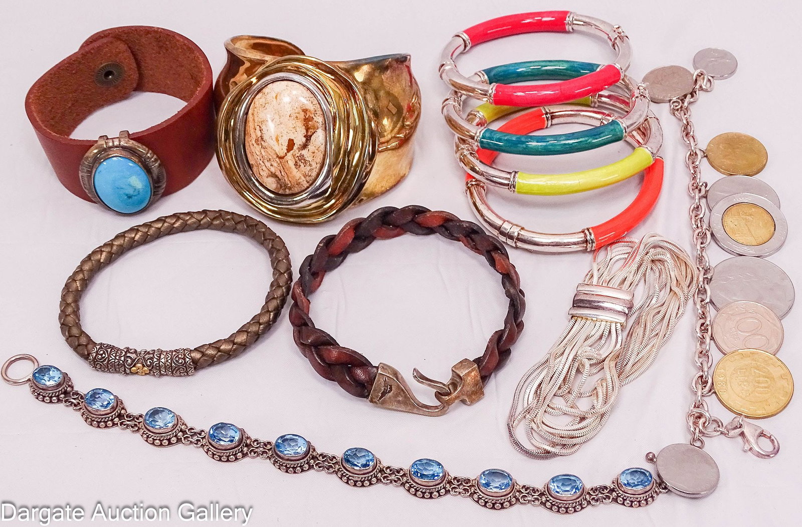(11) ASSORTED STERLING BRACELETS: Includes: (4) Milor Italy Sterling and enamel bangle bracelets [925 MILOR ITALY] Liquid Silver Sterling Bracelet, 7.5"L, 26.9g [925 MILOR ITALY] Braided leather bracelet with Stelring hook 