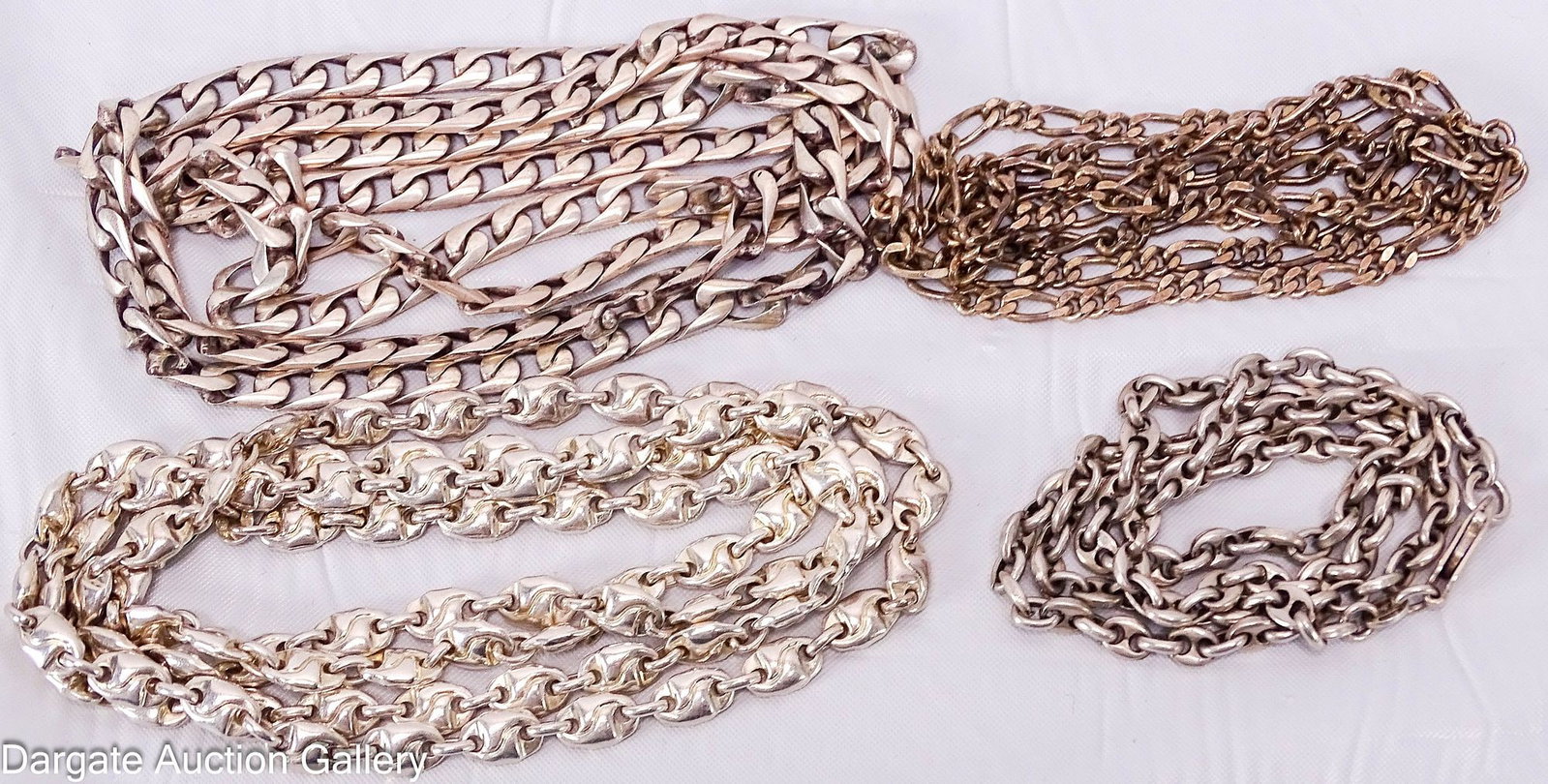 (4) ASSORTED STERLING NECKLACES: Includes: (1) 23.5"L Figaro chain, spring ring clasp [925]; (1) 32"L chain, spring ring clasp [925]; (1) 31"L chain, mark worn; (1) 18"L chain, lobster claw clasp, [925]; Total Gro
