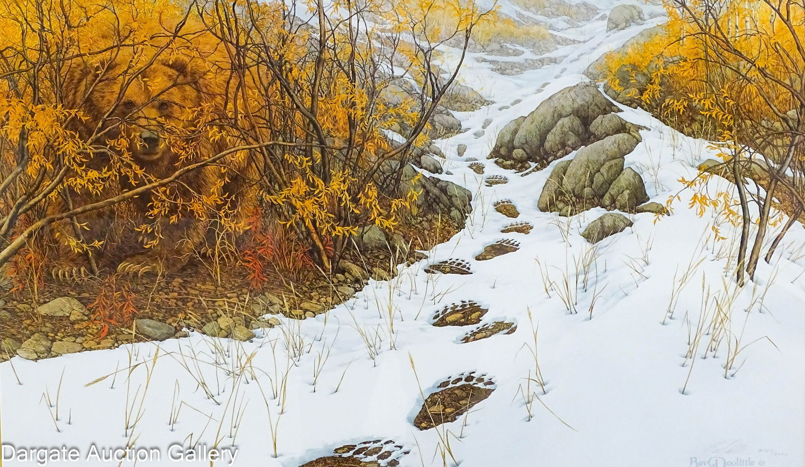 BEV DOOLITTLE DOUBLE BACK LITHOGRAPH: Bev Doolittle (American, b. 1947); 1988 Signled Limited Edition Lithograph 9,107/15,000); signed in plate and pencil lower right; set under conservation glass in wood frame; Includes original portfoli