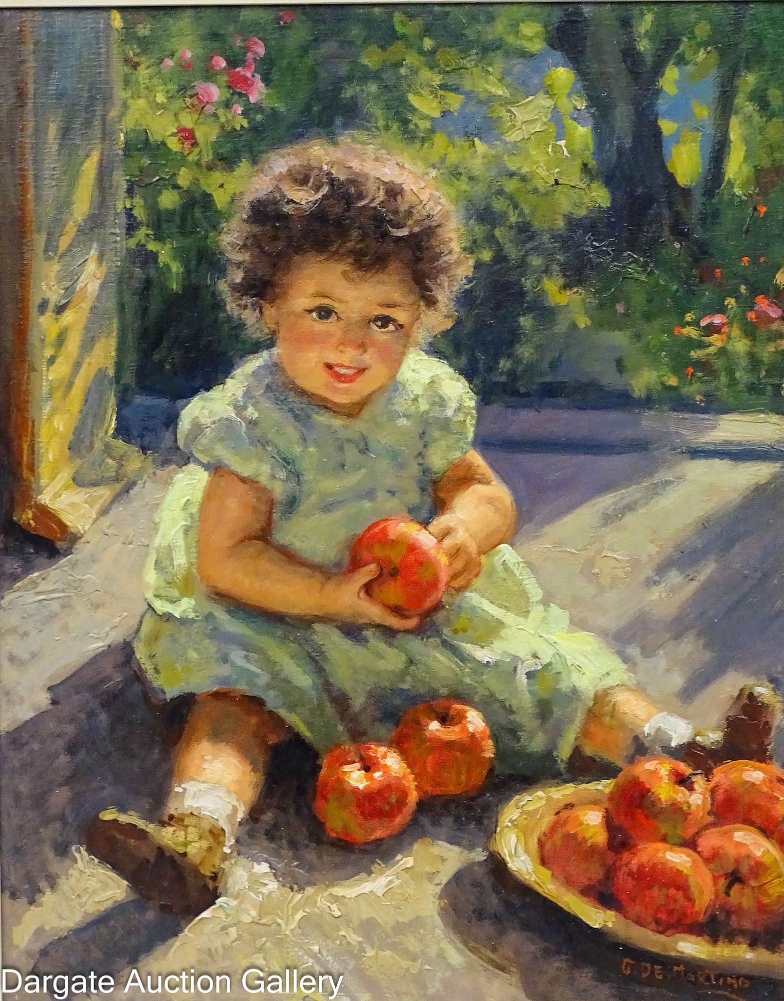 G DeMARTINO OIL ON CANVAS - GIRL WITH APPLES: G DeMartino, impasto oil on canvas depiction of a girl child with apples in dappled sunlight; signed lower right [G DEMARTINO]; set in a baroque white washed frame; Measures: Visible Art - 20"H x