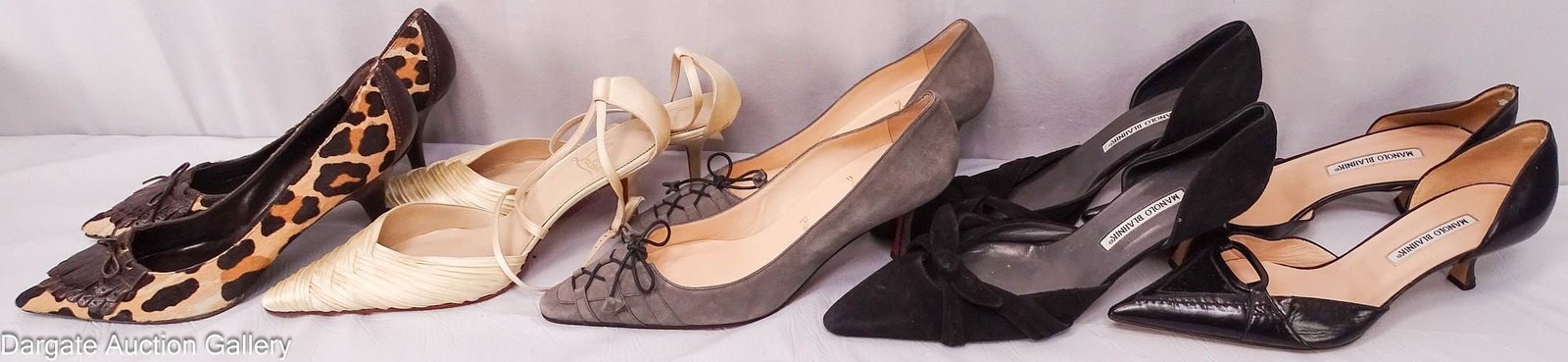 (5) PAIRS WOMEN'S DESIGNER SHOES / PUMPS: Includes: Manolo Blahnik - black patent leather heels/pumps; 2" heels, size: US - 11, European - 41.5; very little wear Manolo Blahnik - black suede heels/pumps; D'Orsay; 3"
