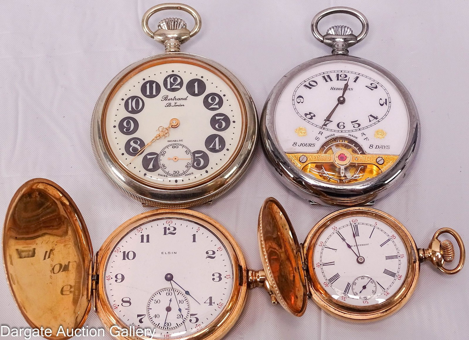 (4) ASSORTED POCKET WATCHES including GOLD FILLED: Includes: Elgin full hunter, circa 1901, 15j, 12s, Serial # 9234178, grade 233, model 2, class 87; Case - Crescent Watch Co, Warranted 25 years, serial # 1848626; automatic, running condition Fu