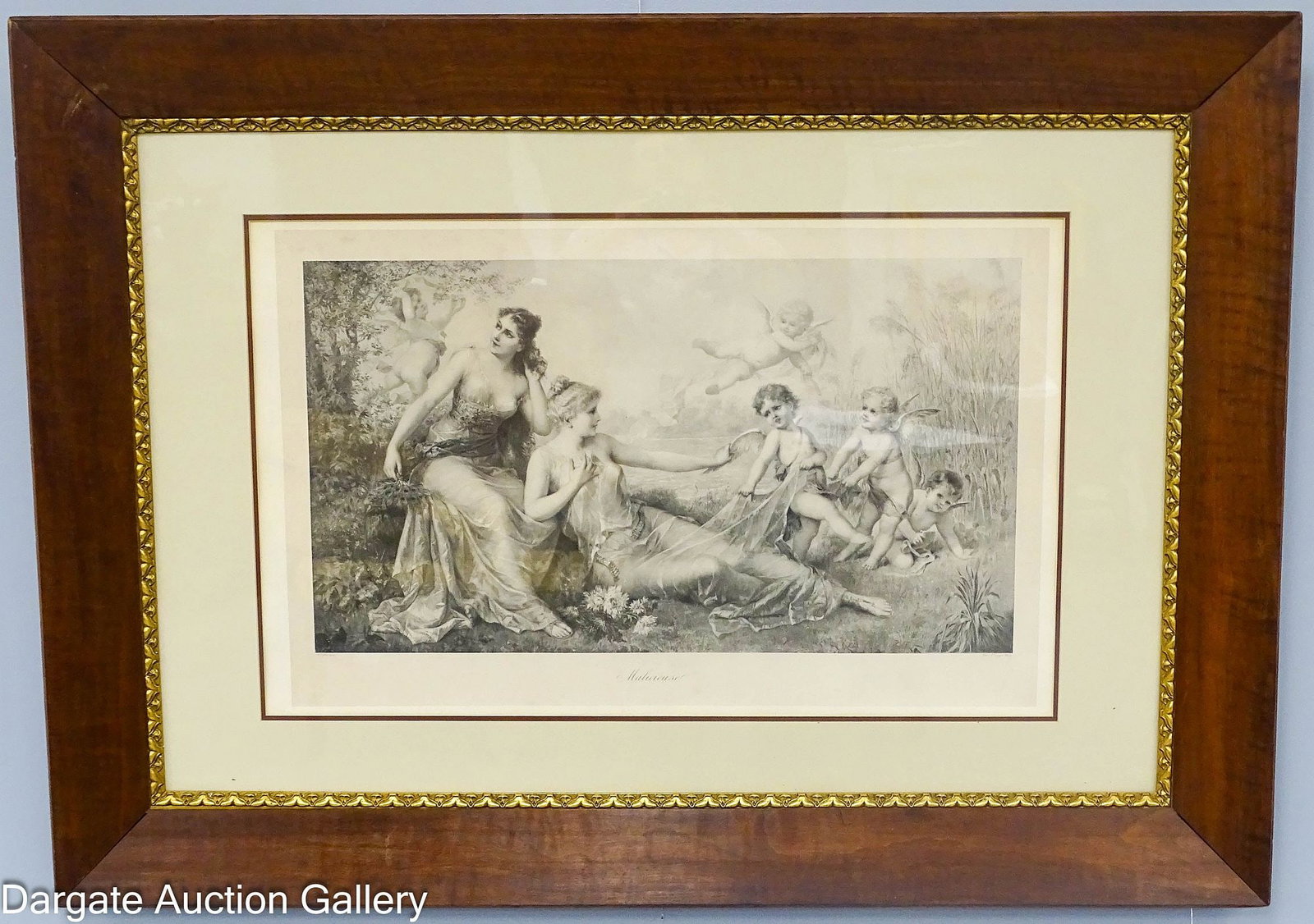 FRANZ LEFLER MALICIEUSE PRINT: Franz Lefler (Austria, 1831-1898) Malicieuse (Mischievous) Print; set under glass in gilt walnut frame; Measures: Visible Art - 20"H x 32"W, Frame - 36"H x 49.5"W