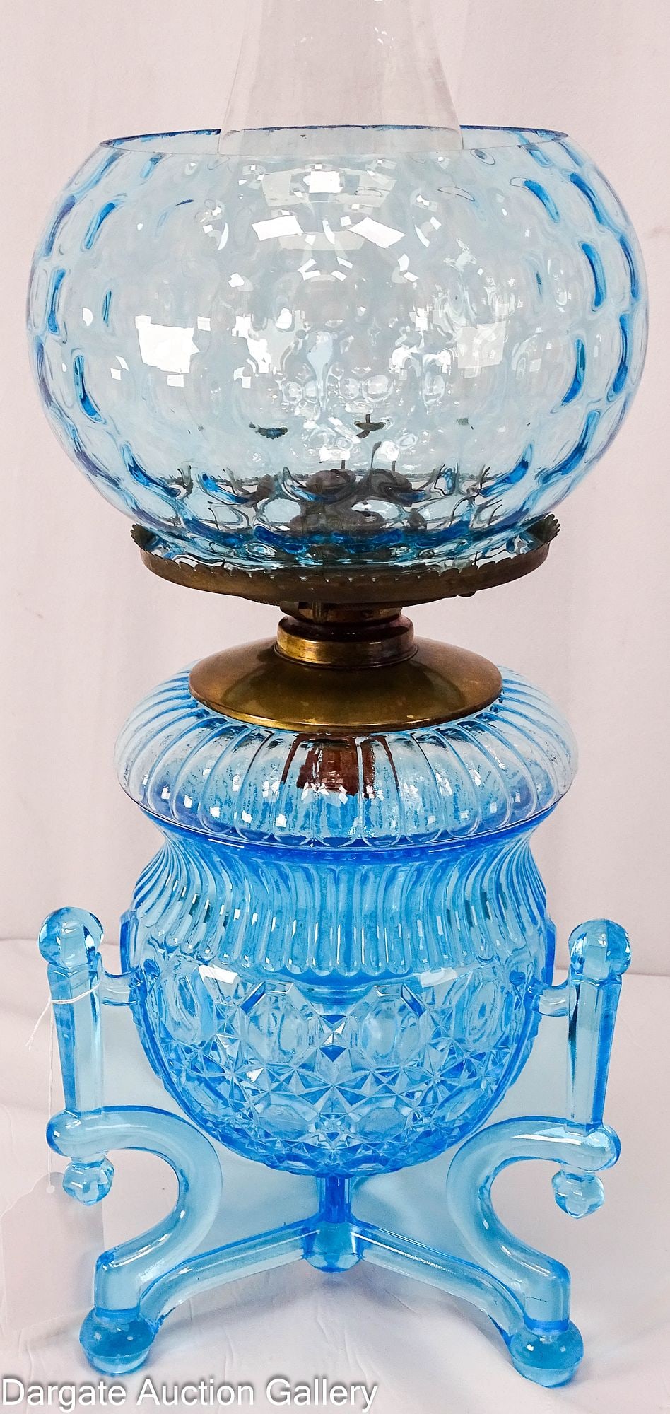 1880-1890s AZURE BLUE 2-PART OIL LAMP: Stunning Victorian Early American Pattern Glass (EAPG) oil lamp; Attributed to Atterbury Glass Company, Pittsburgh in their prism with Diamond and Button pattern; Azure or Sapphire blue color, the fon
