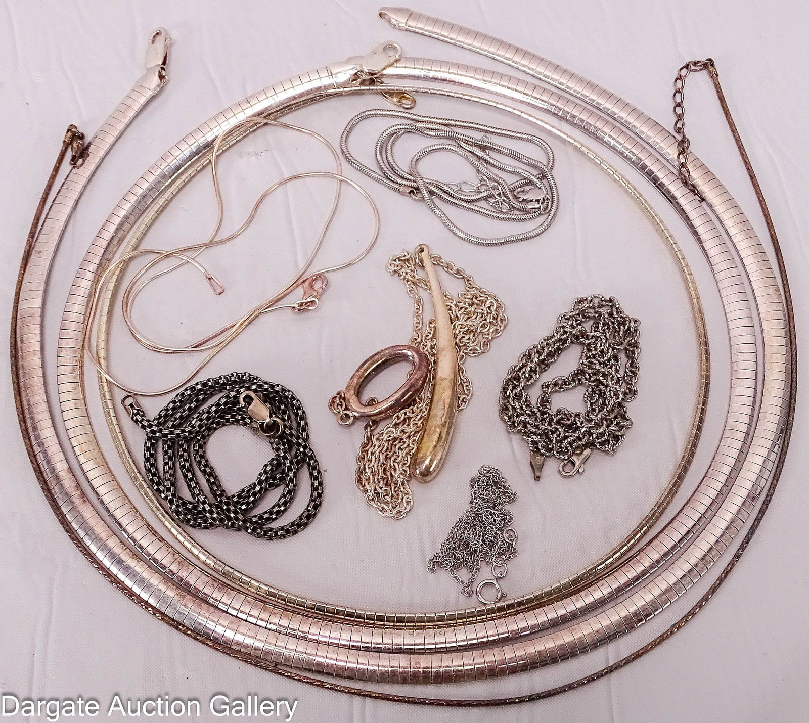 (10) STERLING SILVER CHAIN NECKLACES: Includes: 18"L Chain, spring ring clasp [925] 18"L Snake chain, lobster claw clasp [925 MILOR ITALY] 18"L Snake chain, lobster claw clasp [925 ITALY] 18"L box chain, lobster 
