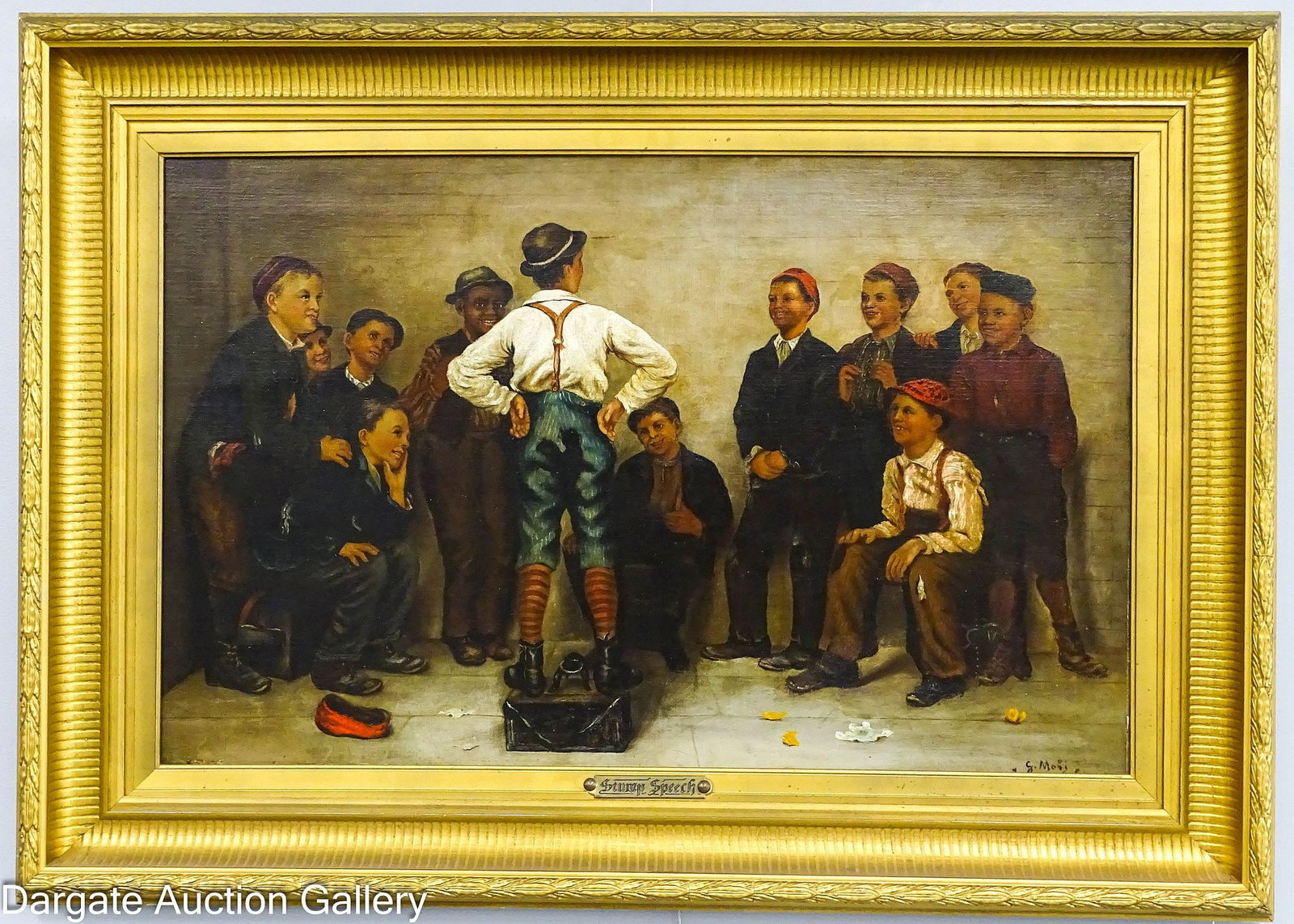 SIGNED OIL ON CANVAS GENRE PAINTING: 20th Century signed Oil on canvas depicting a group of young men, or older boys, with one boy on a box titled "Stump Speech", Signed lower right [G MOVI](?); set in deep gilt frame; Measures