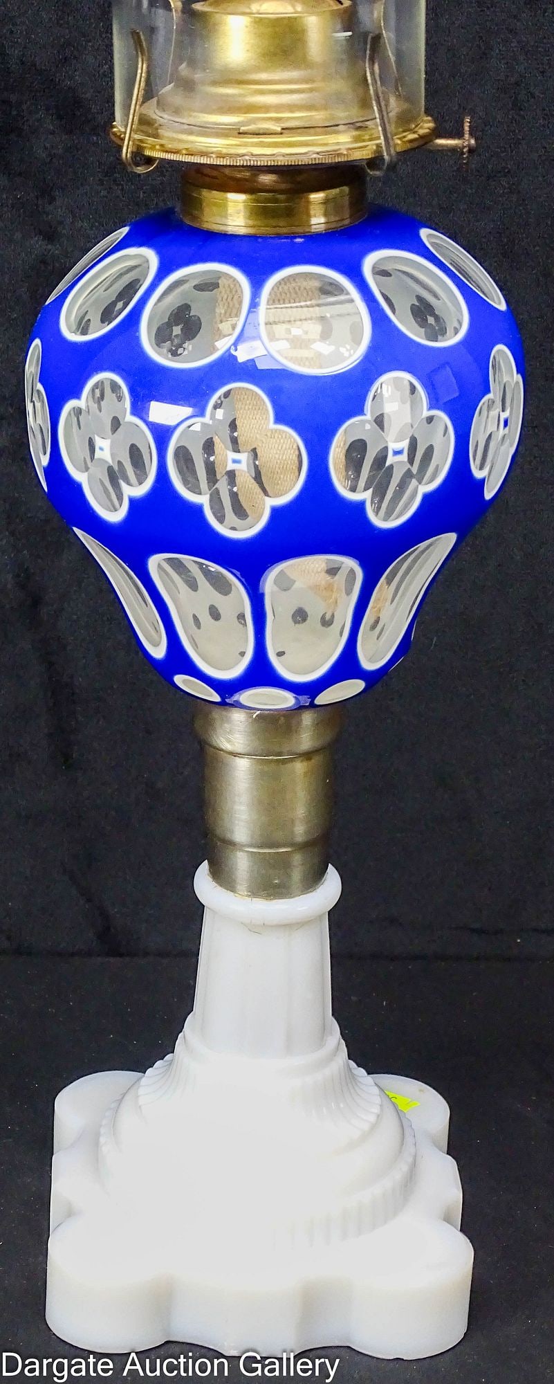 BOSTON & SANDWICH OVERLAY BLUE CUT TO CLEAR OIL LAMP (1 of 6)